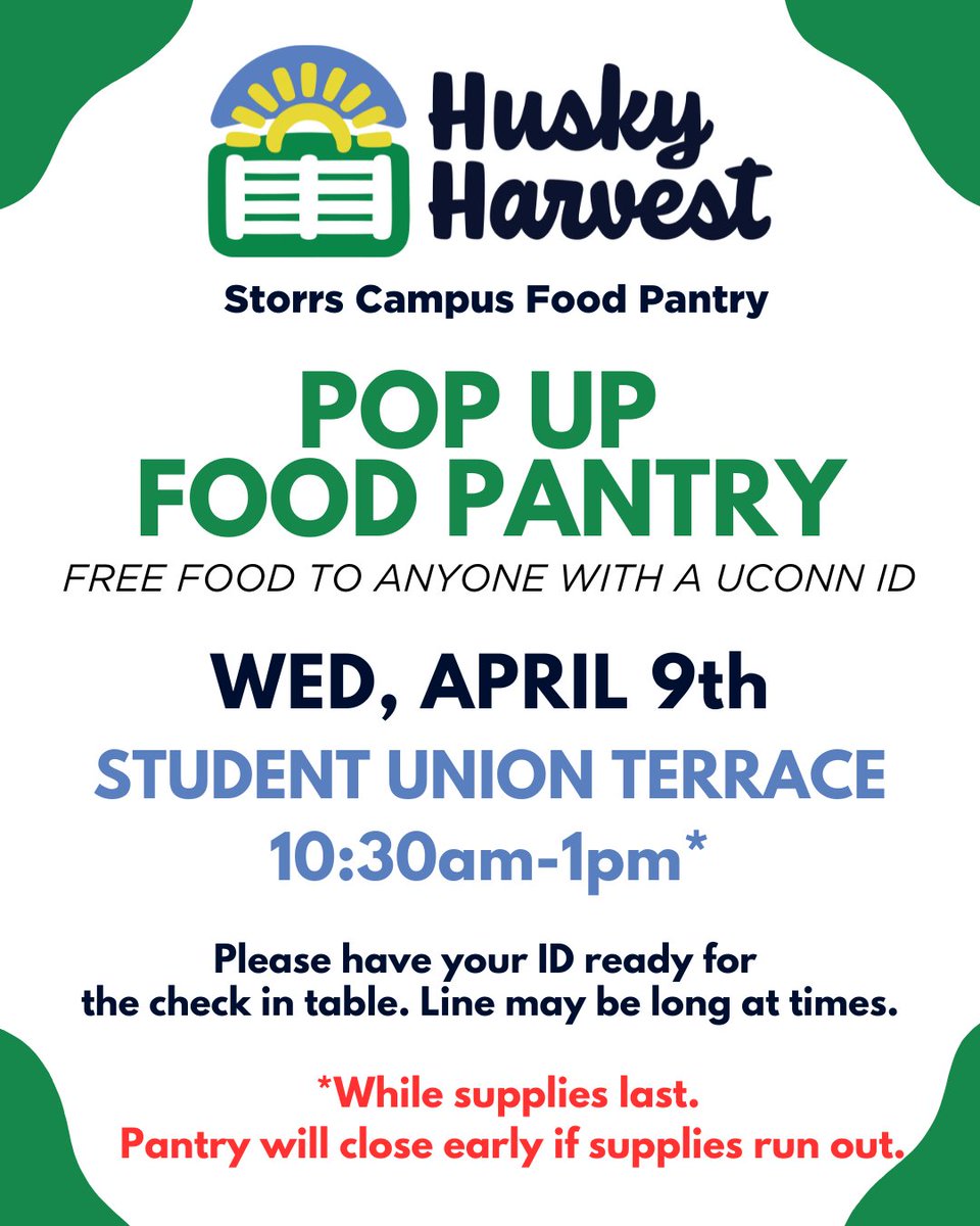 We're holding a pop up pantry on the Student Union Terrace today. 10:30am-1pm - open to anyone with a UConn ID. For details on our weekly pantry hours visit huskyharvest.uconn.edu