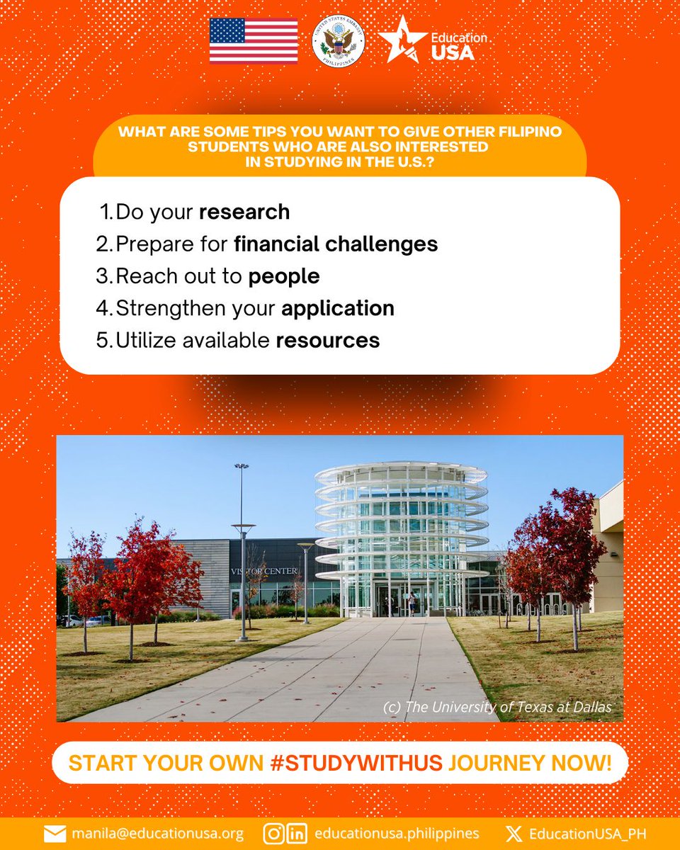 🌟 Meet Cha! 🌟

Cha is currently pursuing a PhD in Bioengineering/Biomedical Engineering at The University of Texas at Dallas! 📚

Read her tips on how to start your own #StudyWithUS journey and learn more about studying in the United States at our advising sessions on April 12