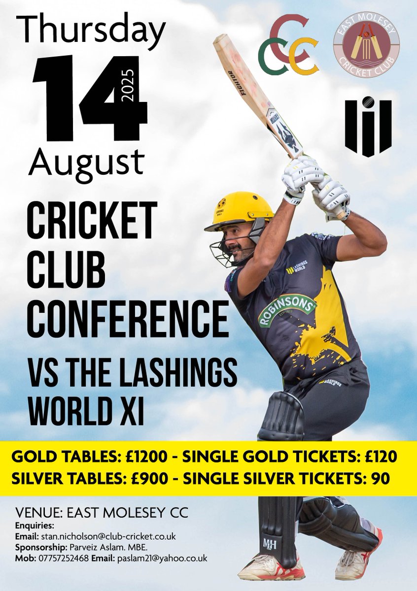 ClubCricketConf (@clubcricketconf) on Twitter photo Lashings World XI v Chair’s XI: 14th August
We are proud to host our inaugural Lashings World XI Cricket Event at East Molesey CC. We can’t wait to welcome everyone for a remarkable day of cricket, camaraderie and celebration! <a href="/LashingsWorldXI/">Lashings World</a> <a href="/ParveizAslam/">Parveiz Aslam. MBE</a> #Cricket #clubcricket Lashings World XI v Chair’s XI: 14th August
We are proud to host our inaugural Lashings World XI Cricket Event at East Molesey CC. We can’t wait to welcome everyone for a remarkable day of cricket, camaraderie and celebration! <a href="/LashingsWorldXI/">Lashings World</a> <a href="/ParveizAslam/">Parveiz Aslam. MBE</a> #Cricket #clubcricket