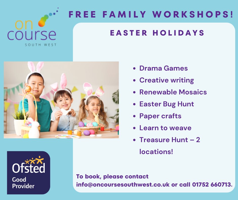 OnCourseSW's tweet photo. 📣 We still have spaces on our FREE Easter holiday family learning courses! 🐰🎉

For children aged 6 -18 only. Max of 2 children per adult.

To see what Easter Family course have spaces please click 👉https://t.co/cjxdEnbPpL

#FreeFamilyFun #EasterHolidays #OCSW #Plymouth https://t.co/v7lbcyZJLX