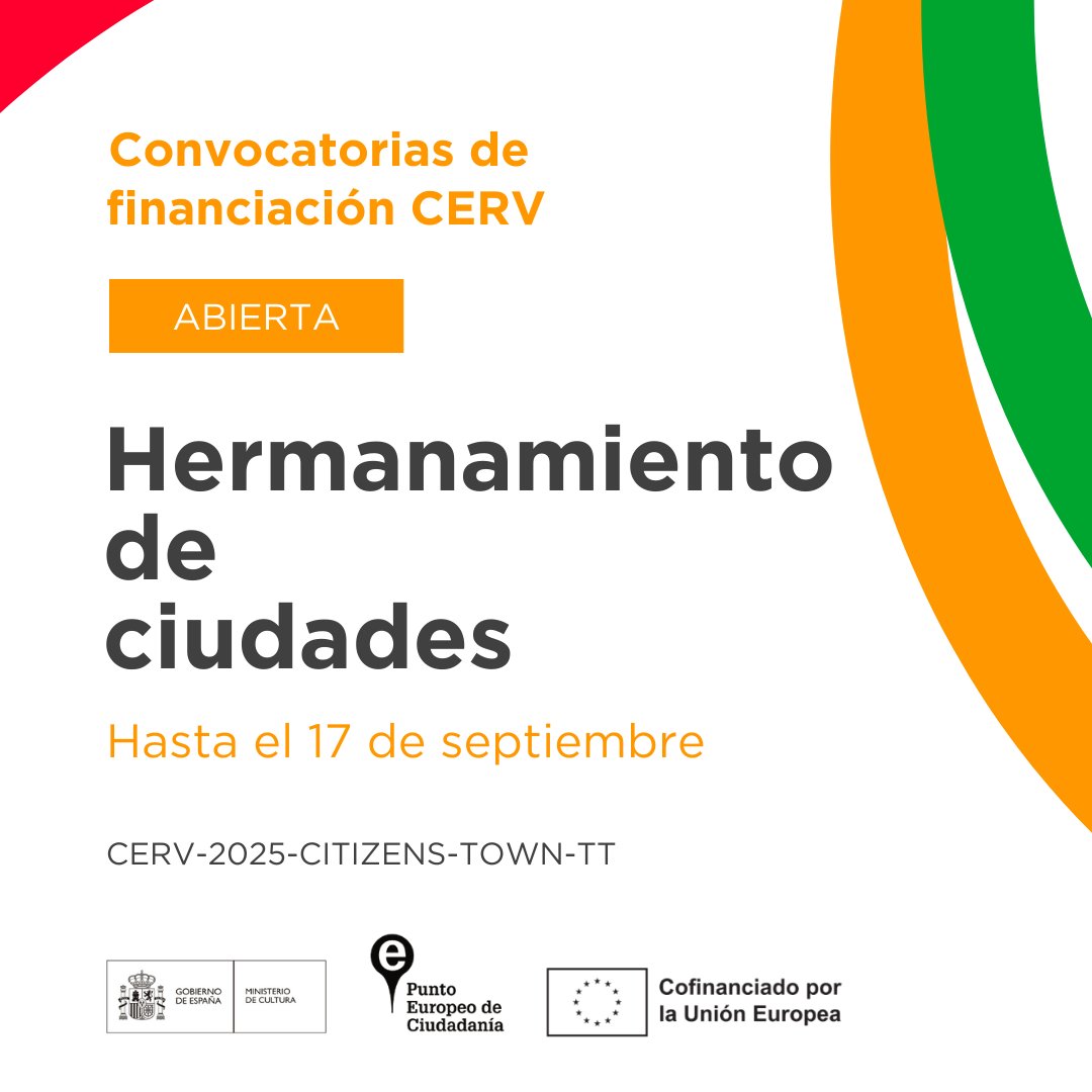 PuntoEuropeoES's tweet photo. ⚠️ Abierto plazo
A partir de hoy ya puedes presentar tu proyecto a la #convocatoria de #HermanamientoDeCiudades del #programaCERV.
📆 Plazo de presentación: 17/09
Más información: https://t.co/AzbOXdxCMF
#TownTwinning https://t.co/YR9l5wc2Co