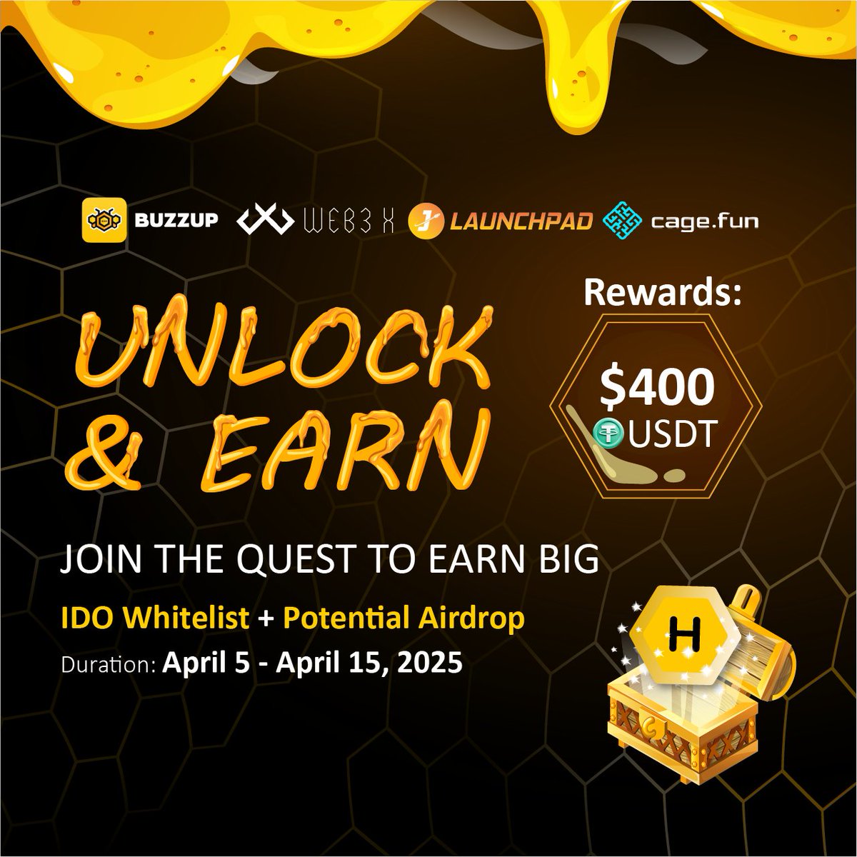 OmzD3sPj5oMlsf4's tweet photo. 🍯Pandoraキャンペーン第2スタート🎯🎉

／
🏆✨賞金総額400USDT✨🏆
🍀クエストをクリアしてラッキードローに参加しよう😆✨
＼
📍詳細は引用元をチェック✅

🐝🐝🐝🐝🐝🐝🐝🐝🐝🐝🐝
@BuzzUpHQ ＆ @W3X_NW ＆ @JLaunchpad ＆ @cagefun の共同開催‼️

✨前回逃した方も再チャンス✨
簡単クエスト達成で、豪華景品が2️⃣0️⃣名様に抽選で当たる🎁

【豪華景品】
✅ JLaunchpad IDOホワイトリスト
✅ 未来の$CAGE エアドロップ権付きCrystals
✅ 各当選者には：$20 USDT + IDO WL + Crystalsをプレゼント
📅 2025年4月15日まで
📣 当選発表：2025年4月21日

📍 参加方法
1️⃣ クエストに参加して全てのタスクをクリアして抽選券GET🎫
🔗 https://t.co/c8MO3ByJpI

🐝ログインポイントで豪華🎁が当たるBuzzUpの登録はこちら👇
✅BuzzUpアプリDL
🔗 https://t.co/igExOw38kE
📍招待コード：314D

#BuzzUp #ギブアウェイ