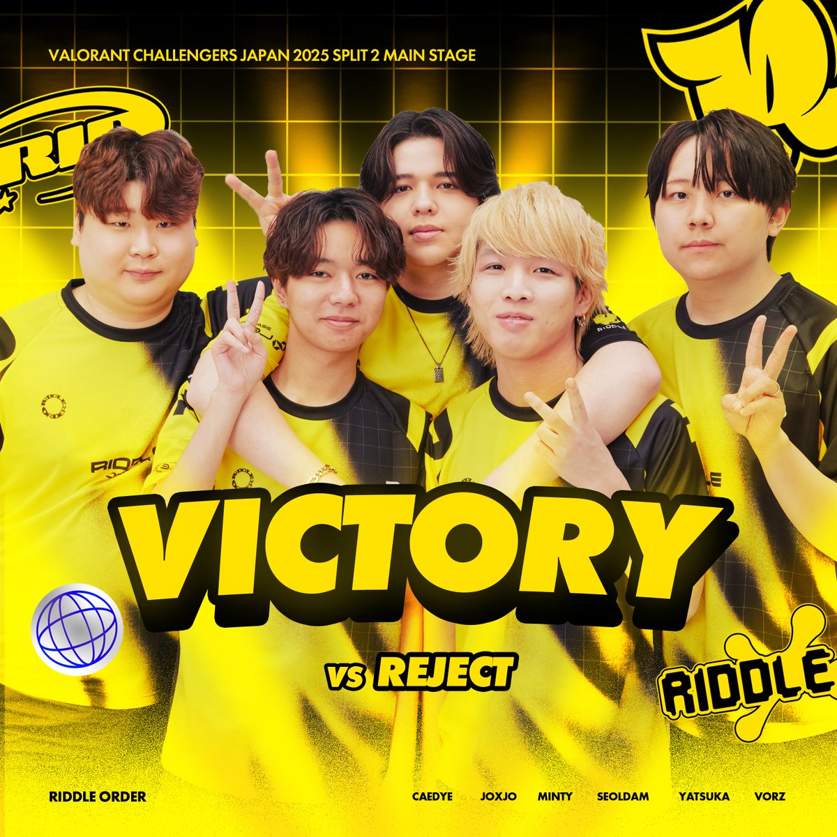 ［ RIDDLEORDER - #VALORANT ]
#VALORANT Challengers Japan 2025 Split 2
Main Stage Day 10

VS REJECT
<a href="/RC_REJECT/">REJECT</a>

2-0 WIN

MainStage最終戦に勝利し、オフライン進出確定となりました！💪
幕張メッセでのPlayoffも応援よろしくお願いします！！

#RIDWIN ツ