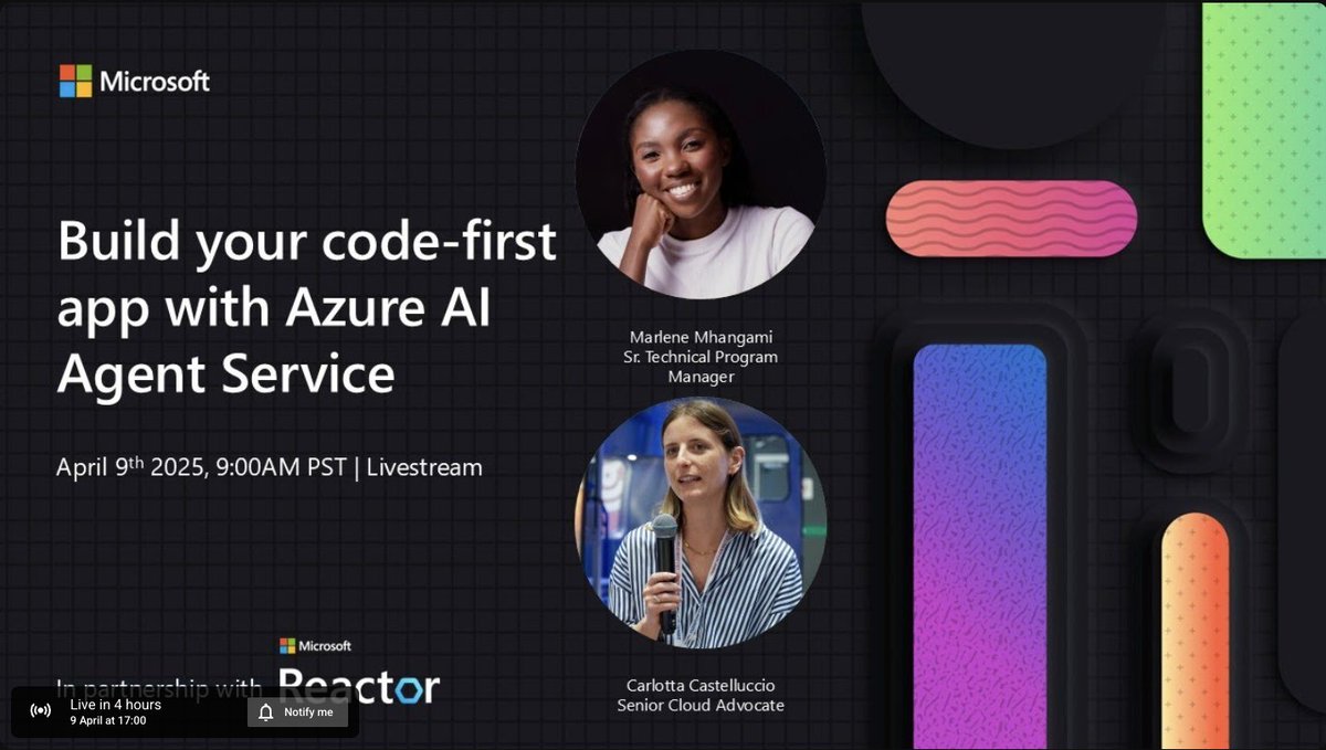 Marlene Mhangami (@marlene_zw) on Twitter photo Really enjoyed yesterdays kickoff stream🥳
Today <a href="/carlottacaste/">Carlotta Castelluccio</a> and I will be streaming live on the <a href="/MSFTReactor/">Microsoft Reactor</a> YT channel, showing you how to build your first agent with Azure AI Agent Service!
Will add the link to stream in the thread. Join us!!!👩🏾💻 Really enjoyed yesterdays kickoff stream🥳
Today <a href="/carlottacaste/">Carlotta Castelluccio</a> and I will be streaming live on the <a href="/MSFTReactor/">Microsoft Reactor</a> YT channel, showing you how to build your first agent with Azure AI Agent Service!
Will add the link to stream in the thread. Join us!!!👩🏾💻