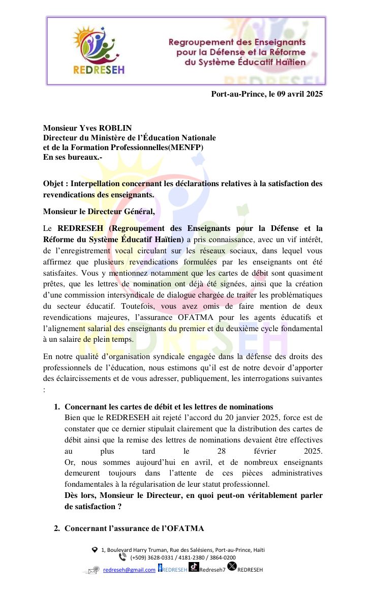 REDRESEH's tweet photo. Dans une voice diffusée en ligne, le DG du MENFP Yves Roblin parle de « revendications satisfaites ». Le REDRESEH réagit et pose ses questions dans une lettre ouverte. #Éducation #Haïti #REDRESEH https://t.co/k4RNRqCjdk