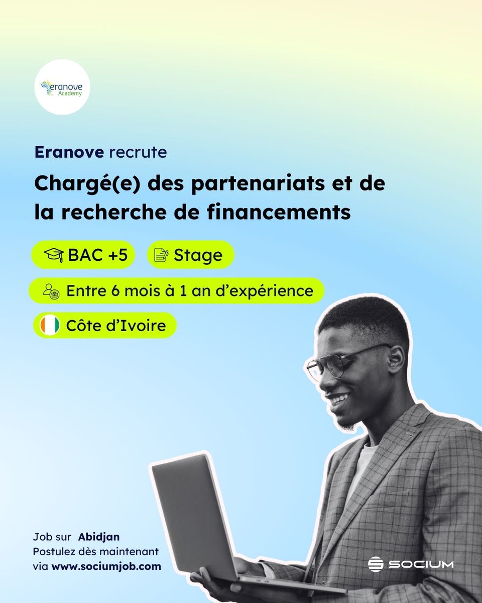Socium_'s tweet photo. 📢 Offre de Stage
Avis aux chercheurs d’emploi en Côte d’Ivoire. Eranove recrute un(e) Chargé(e) des partenariats et de la recherche de financements
Postulez dès maintenant sur https://t.co/dzc4vXEFv7
#RecrutementCI #Job #OffresdEmploi #CIV225 https://t.co/VNeCFiJ1vr