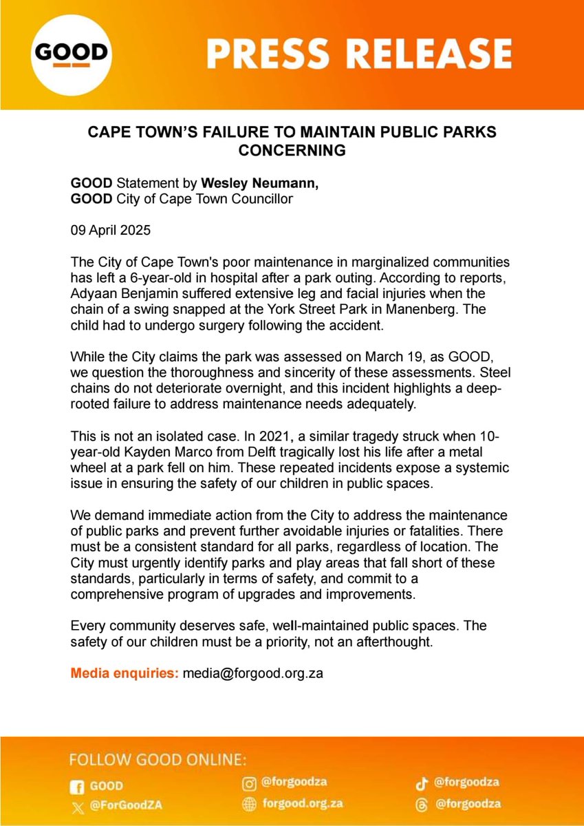ForGoodZA's tweet photo. CAPE TOWNโS FAILURE TO MAINTAIN PUBLIC PARKS CONCERNING
The City of Cape Town's poor maintenance in marginalized communities has left a 6-year-old in hospital after a park outing.ย
Read moreโก๏ธhttps://t.co/PAeOjO6v99
#CapeTown #GOODParty #Manenberg https://t.co/FPTAeDy8I3