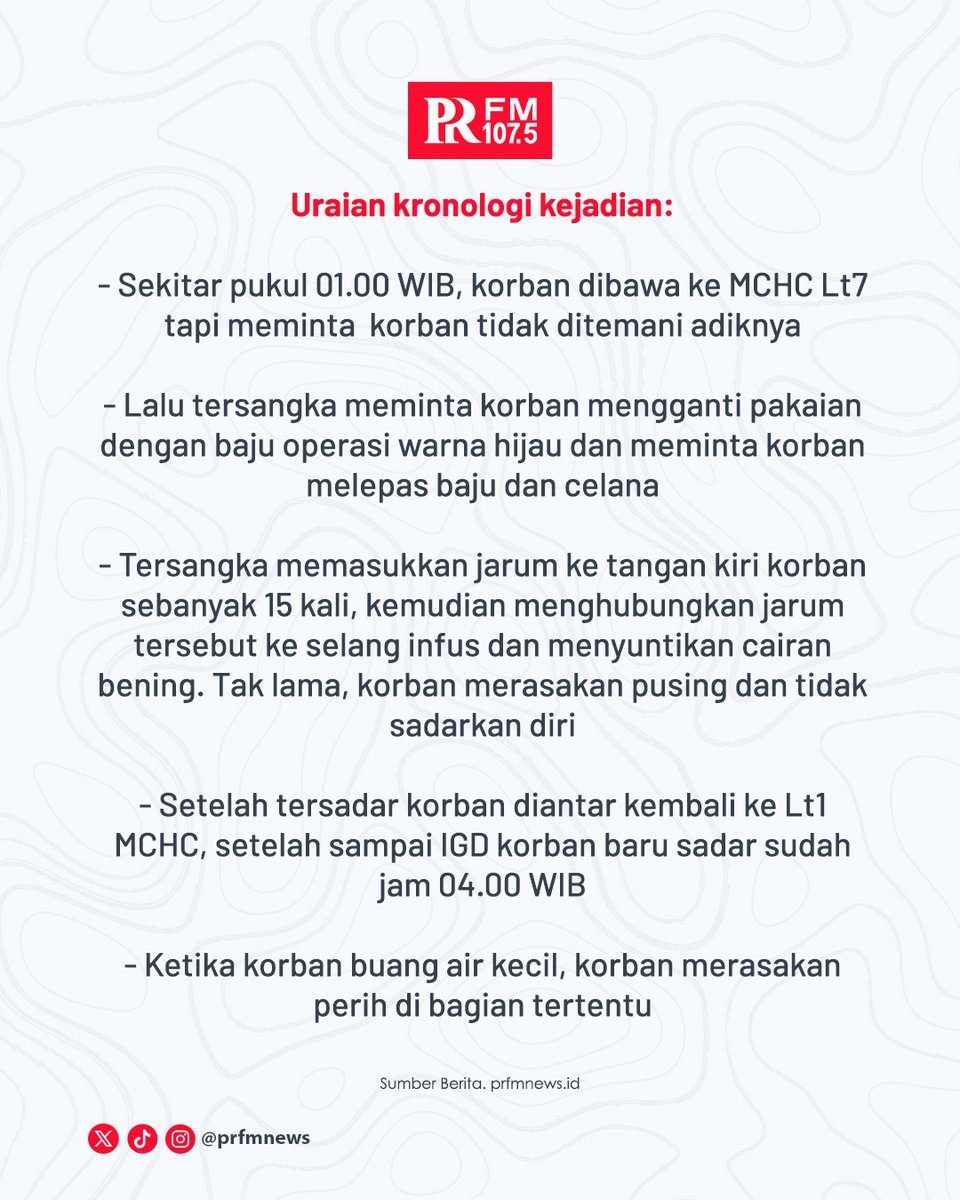 PRFMnews's tweet photo. KRONOLOGI KASUS PEMERKOSAAN KELUARGA  PASIEN DI RSHS BANDUNG

Priguna Anugerah Pratama, dokter residen Unpad spesialis anastesi yang praktik di RSHS Bandung ditetapkan sebagai tersangka dugaan kasus pemerkosaan terhadap anak salah satu pasien di RSHS.

Atas perbuatannya, tersangka Priguna Anugerah Pratama dikenakan Pasal 6C UU Nomor 12 Tahun 2022 tentang Tindak Pidana Kekerasan Seksual (TPKS) dengan ancaman hukuman pidana paling lama 12 tahun.

Polisi juga menyebut ada kemungkinan korban lainnya. Pihaknya mengimbau kepada korban lainnya untuk melapor.

Keterangan ini disampaikan Kabid Humas Polda Jabar, Kombes Hendra Rochawan saat konferensi pers di Mapolda Jabar, Rabu 9 April 2025.

#PPDSUnpad #DokterResiden #RSHS #KekerasanSeksual