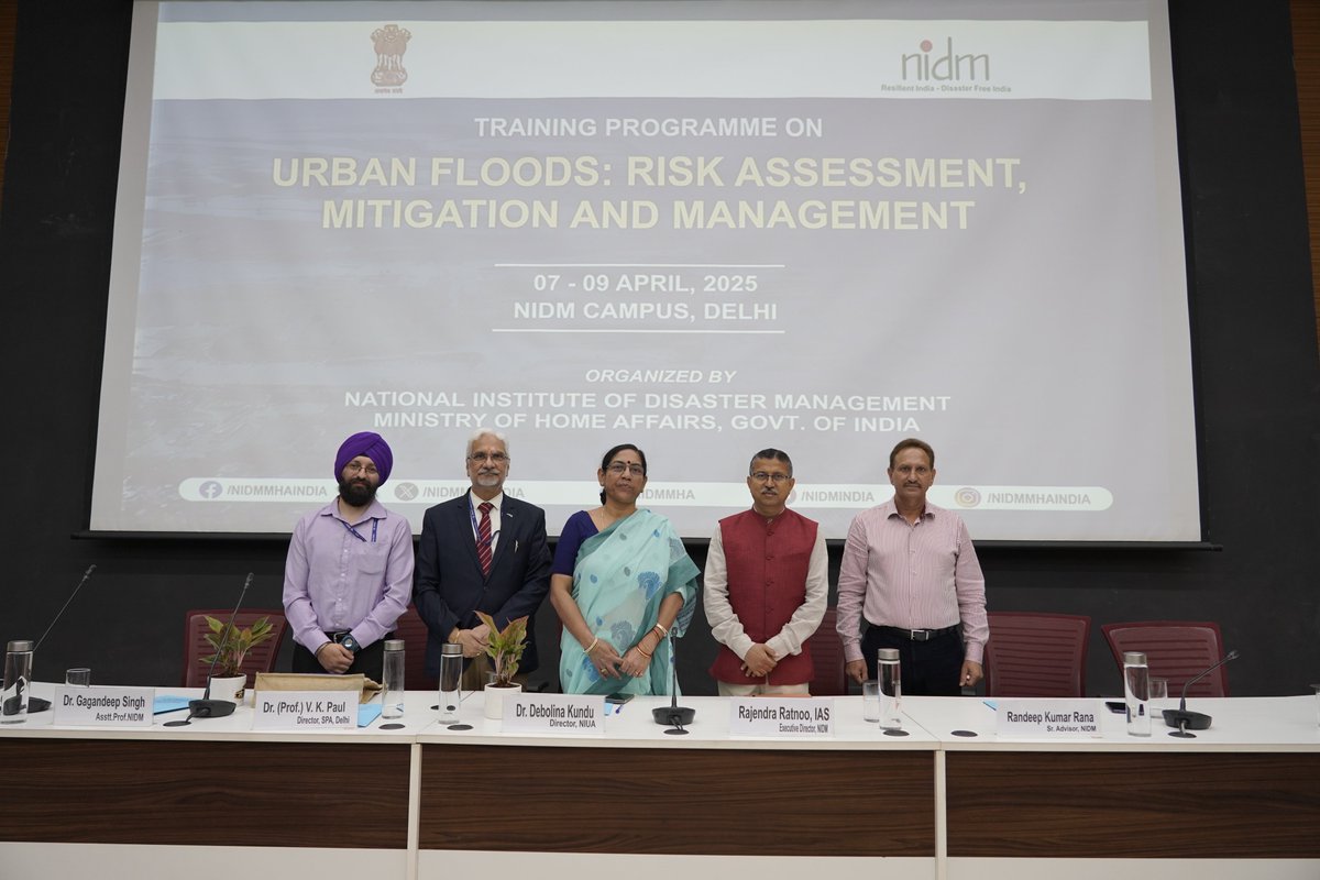 nidmmhaindia's tweet photo. 𝗡𝗮𝘁𝗶𝗼𝗻𝗮𝗹 𝗟𝗲𝘃𝗲𝗹 𝗧𝗿𝗮𝗶𝗻𝗶𝗻𝗴 𝗣𝗿𝗼𝗴𝗿𝗮𝗺𝗺𝗲 𝘀𝘂𝗰𝗰𝗲𝘀𝘀𝗳𝘂𝗹𝗹𝘆 𝗰𝗼𝗻𝗱𝘂𝗰𝘁𝗲𝗱 𝗼𝗻 𝗨𝗿𝗯𝗮𝗻 𝗙𝗹𝗼𝗼𝗱𝘀 𝗥𝗶𝘀𝗸 𝗔𝘀𝘀𝗲𝘀𝘀𝗺𝗲𝗻𝘁, 𝗠𝗶𝘁𝗶𝗴𝗮𝘁𝗶𝗼𝗻, 𝗮𝗻𝗱 𝗠𝗮𝗻𝗮𝗴𝗲𝗺𝗲𝗻𝘁 🌊

NIDM organized a three-day national training programme aimed at strengthening institutional capacities and promoting integrated flood resilience from 07–09 April 2025, NIDM, Rohini Campus, New Delhi.

The inaugural session was graced by 𝗦𝗵𝗿𝗶 @rratnoo, 𝗜𝗔𝗦, (𝗘𝗗, 𝗡𝗜𝗗𝗠); 𝗗𝗿. 𝗗𝗲𝗯𝗼𝗹𝗶𝗻𝗮 𝗞𝘂𝗻𝗱𝘂, 𝗗𝗶𝗿𝗲𝗰𝘁𝗼𝗿, @NIUA_India; 𝗗𝗿. 𝗩. 𝗞. 𝗣𝗮𝘂𝗹, 𝗗𝗶𝗿𝗲𝗰𝘁𝗼𝗿, 𝗦𝗣𝗔 𝗗𝗲𝗹𝗵𝗶, 𝗮𝗻𝗱 𝗦𝗵𝗿𝗶 𝗥𝗮𝗻𝗱𝗲𝗲𝗽 𝗞𝘂𝗺𝗮𝗿 𝗥𝗮𝗻𝗮, 𝗦𝗿. 𝗔𝗱𝘃𝗶𝘀𝗼𝗿, 𝗡𝗜𝗗𝗠, who shared strategic perspectives on sustainable urban planning.

Sessions were led by experts, including Dr. @Geo_Gagan, Dr. Garima Aggarwal, Shri Amarjeet Kumar, Dr. Prerna Joshi, and Shri Shekher Chaturvedi (NIDM); Thiru A. Anbarasu (Secon Pvt. Ltd.); @dhyansarya (@iitroorkee) & Dr. Mohit P. Mohanty; Shri Nikol & Shri Suneet Bansal (@CWCOfficial_GoI); Dr. Victor R. Shinde & Dr. Mandvi Misra (@NIUA_India); and Antony Joh Moothedan (@UNDP_India).

The valedictory session was graced by 𝗣𝗿𝗼𝗳. @surya_parkash (𝗛𝗲𝗮𝗱, 𝗚𝗠𝗥𝗗, 𝗖𝗕𝗥𝗡, 𝗮𝗻𝗱 𝗖𝘆𝗯𝗲𝗿 𝗗𝗶𝘃𝗶𝘀𝗶𝗼𝗻, 𝗡𝗜𝗗𝗠) 𝗮𝗻𝗱 𝗗𝗿. 𝗔𝗺𝗶𝗿 𝗔𝗹𝗶 𝗞𝗵𝗮𝗻 (𝗛𝗲𝗮𝗱, 𝗥𝗜𝗗, 𝗡𝗜𝗗𝗠). This comprehensive training engaged 55 participants representing 22 states and UTs of India from key government departments, municipal bodies, urban planning agencies, PWD, Irrigation, ULBs, SDRF/NDRF.

#UrbanFloods #DisasterRiskReduction #FloodManagement #NIDM #DRR #UrbanResilience #ClimateAdaptation #SustainableCities #RiskAssessment #MitigationStrategies #ResilientUrbanPlanning #DisasterManagement #CapacityBuilding 

@nityanandraibjp | @KamalKishore_IN | @WaliaDevesh | @JindalSK_IN | @atahasnain53 | @rratnoo | @Geo_Gagan | @surya_parkash | @HMOIndia | @ndmaindia | @NDRFHQ | @EduMinOfIndia | @moefcc | @IndiaDST | @moesgoi | @Indiametdept | @MoHFW_INDIA | @GeologyIndia | @UNDP_India | @ESSO_INCOIS | @MoesNiot | @CentreCoastal | @esso_ncess | @ncmrwfmoes | @DoWRRDGR_MoJS | @MoHUA_India | @ASIGoI | @iitroorkee | @UNDP_India