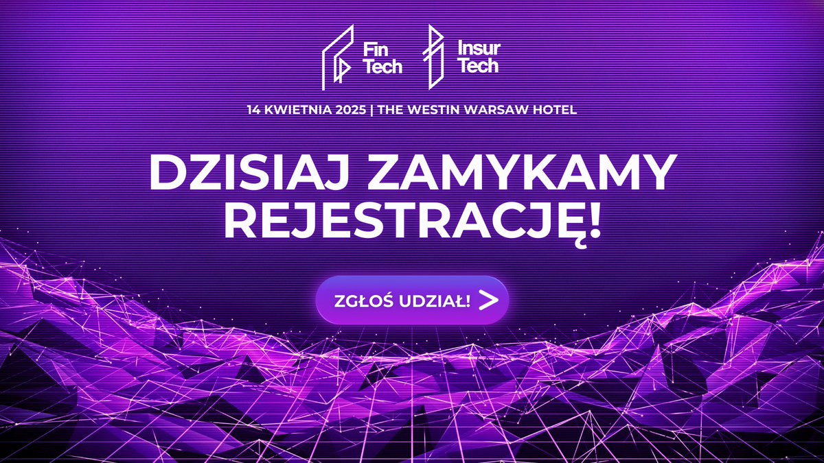 Dzisiaj zamykamy rejestrację na #FinTech2025 &amp; #InsurTech2025!  

➡️ Zgłoś swój udział w kongresie: fintechdigitalcongress.pl/bilety/ 

🟣 Sprawdź program: fintechdigitalcongress.pl/program/ 

🔵 Zobacz, kto podzieli się swoją wiedzą: fintechdigitalcongress.pl/prelegenci/ 

Do zobaczenia!