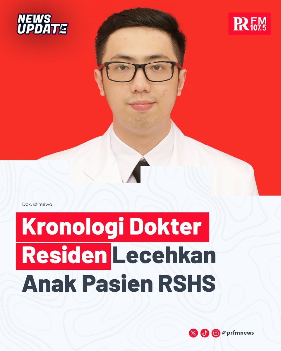 PRFMnews's tweet photo. KRONOLOGI KASUS PEMERKOSAAN KELUARGA  PASIEN DI RSHS BANDUNG

Priguna Anugerah Pratama, dokter residen Unpad spesialis anastesi yang praktik di RSHS Bandung ditetapkan sebagai tersangka dugaan kasus pemerkosaan terhadap anak salah satu pasien di RSHS.

Atas perbuatannya, tersangka Priguna Anugerah Pratama dikenakan Pasal 6C UU Nomor 12 Tahun 2022 tentang Tindak Pidana Kekerasan Seksual (TPKS) dengan ancaman hukuman pidana paling lama 12 tahun.

Polisi juga menyebut ada kemungkinan korban lainnya. Pihaknya mengimbau kepada korban lainnya untuk melapor.

Keterangan ini disampaikan Kabid Humas Polda Jabar, Kombes Hendra Rochawan saat konferensi pers di Mapolda Jabar, Rabu 9 April 2025.

#PPDSUnpad #DokterResiden #RSHS #KekerasanSeksual