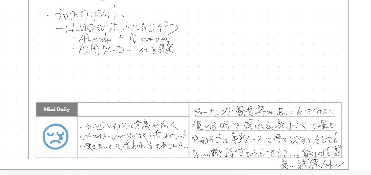 SuperDairyMan's tweet photo. 英語がうまくしゃべれずブルーになる日😭

誰かに話すのも大事だけど、
手っ取り早く落ち着くには「書くこと」が一番。

自己嫌悪MAXの状態でミニジャーナル。
書くことで少しずつ落ち着いてきた。

自分を整えるセルフケアとしてサステナブル🧐

#手帳
#手帳の中身 
#書く習慣 
#ジャーナリング https://t.co/4I5MIrzv60