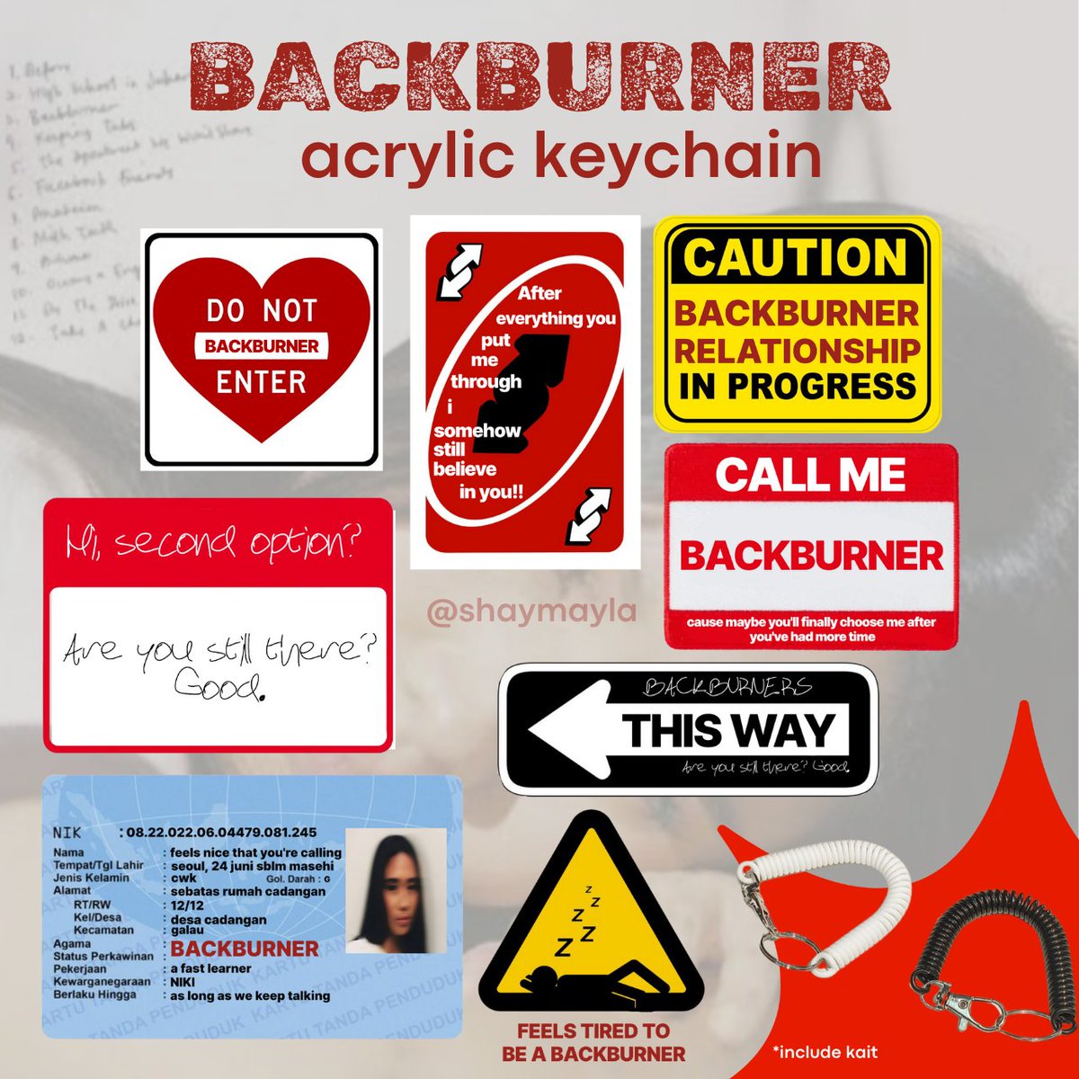 shaymayla's tweet photo. haii! open [pre-order] backburner keychain 🌀

rabu, 9 april - jum'at 18 april (bisa lebih cepat kalau slot penuh)

⭐ 18.000 (DP 10.000)
sisanya via shopee 🍊
⚠️tulis di jawaban singkat berapa pcs yang dimau

🔗 https://t.co/xwQHbzd5V3 GRAB IT FAST! https://t.co/iEExBhWxMT
