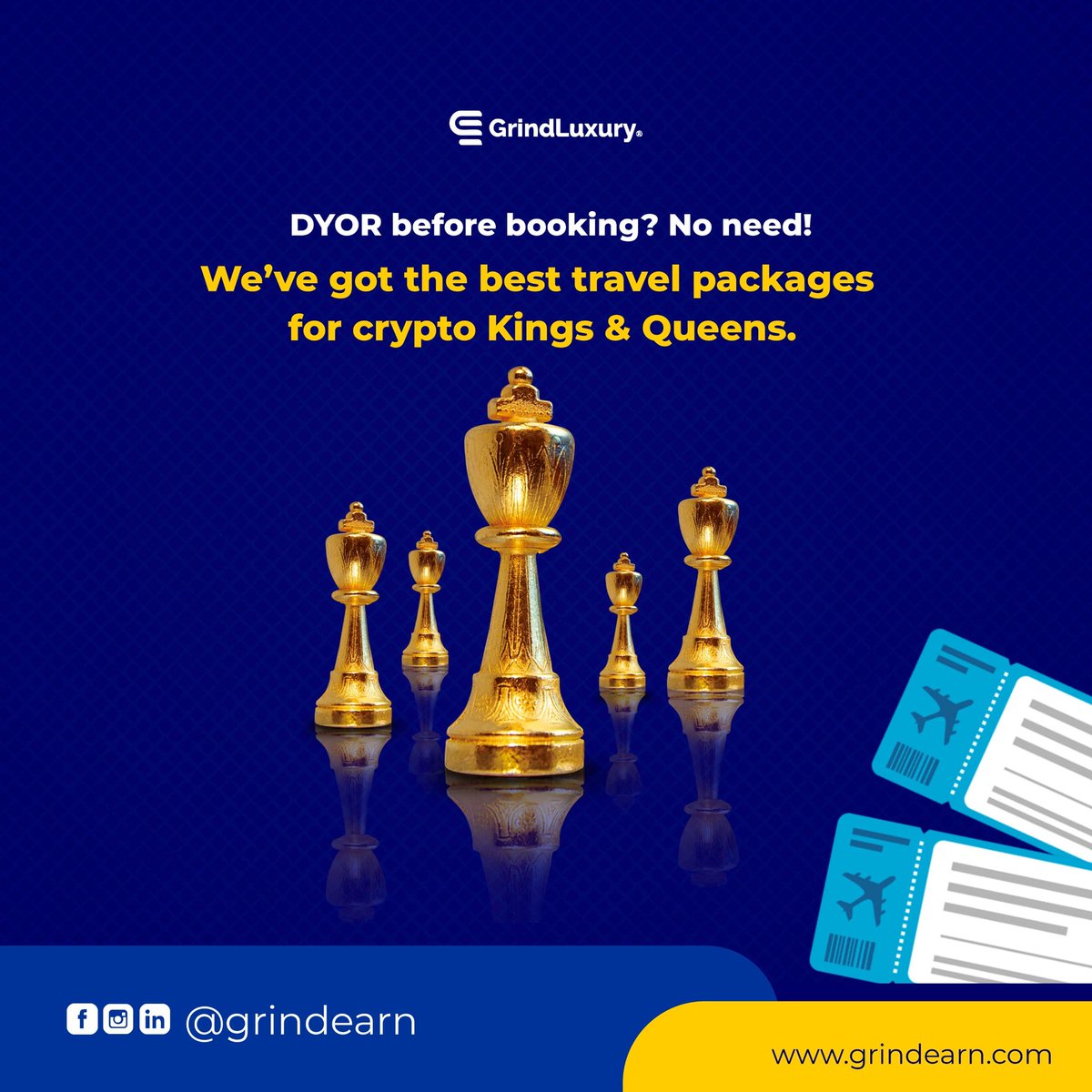 DYOR? Not this time!

We’ve got elite travel packages fit for crypto Kings &amp; Queens.

No stress, just flex.

Book. Fly. Flex. ✈️💼👑

@grindearn | grindearn.com