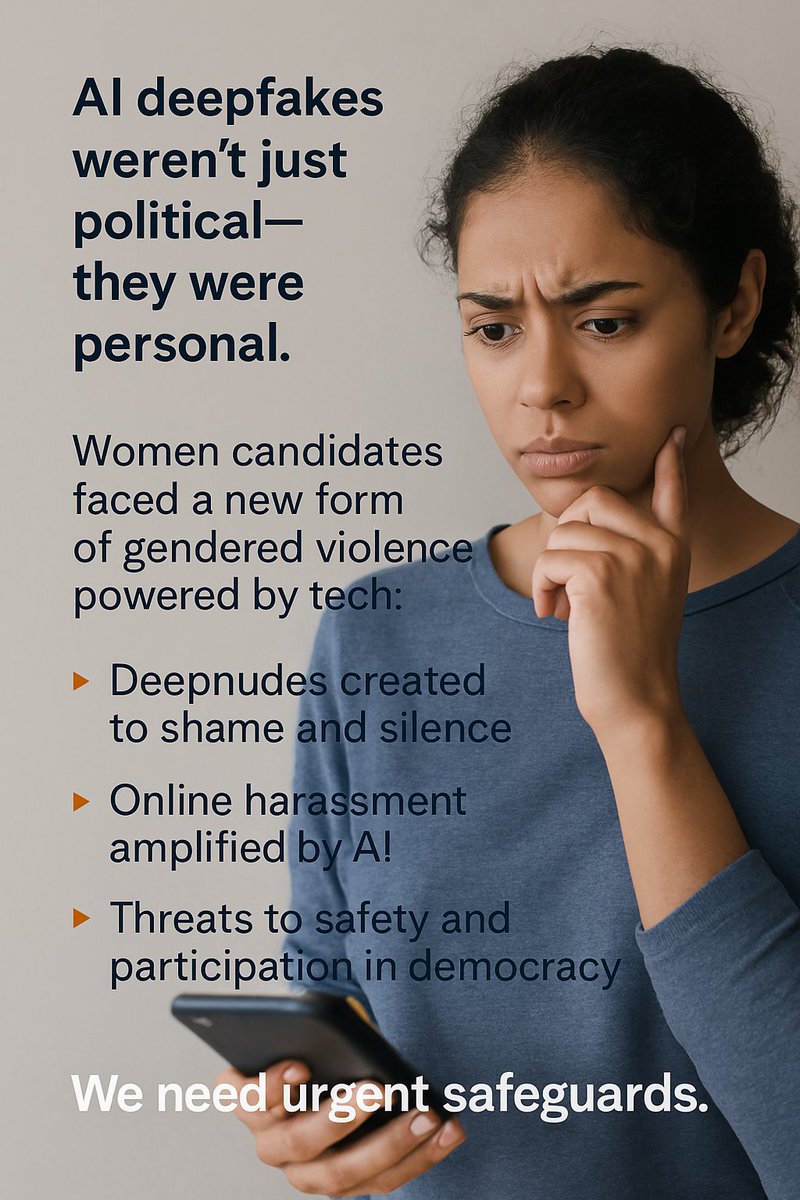 cipesaug's tweet photo. AI deepfakes weren’t just political—they were personal. Women candidates faced a new form of gendered violence powered by tech:  
🔸 Deepnudes created to shame and silence 
🔸 Online harassment amplified by AI 
🔸 Threats to safety and participation in democracy.
  We need urgent safeguards. 
🔗More: https://t.co/RsNKHCl7sX
#WomenInPolitics #TechAndGender #OnlineSafety