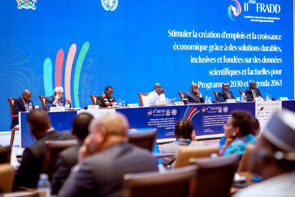 KagutaMuseveni's tweet photo. I delivered a keynote speech at the 11th Session of the Africa Regional Forum on Sustainable Development (ARFSD), detailing Uganda’s economic phases from the enclave economy of the 3Ts and 3Cs plundered by Idi Amin, to minimum recovery, diversification, value addition, and now, the economy of knowledge through making vaccines and automobiles. 

This means that the solutions are with us, once we tackle the 10 strategic bottlenecks pegging us back. For instance, Uganda has 40m acres suitable for agriculture, if we use only 7m of these acres and everyone creates 7 jobs, we shall create over 100m jobs, and yet jobs are not only to be created in Agriculture. We have industries, services, and ICT.
