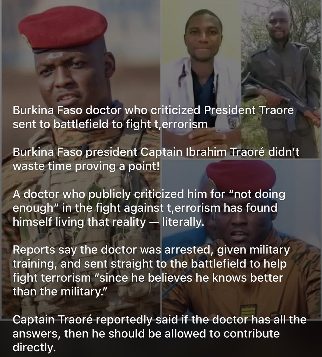 BrodaDerek's tweet photo. Burkina Faso doctor who criticized President Traore sent to battlefield to fight terrorism. 🤭 https://t.co/HYfP7HUYxG