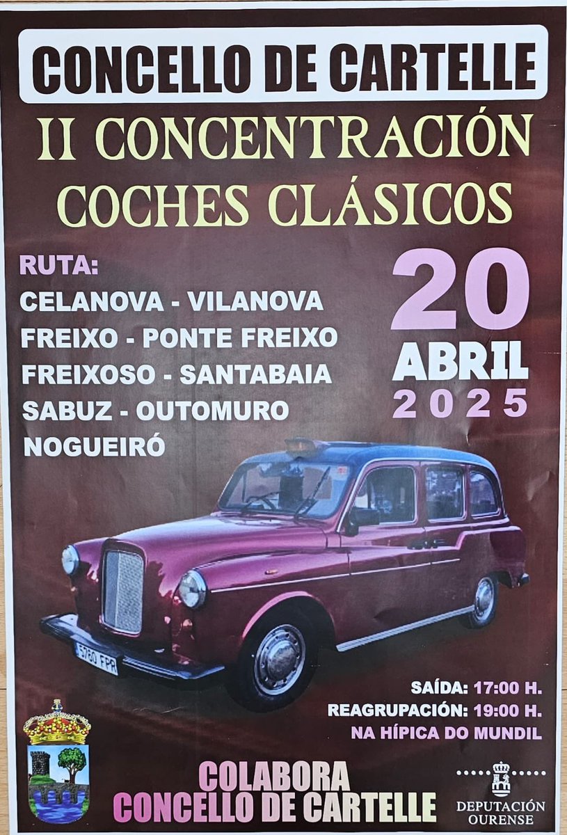 🚘𝟐𝟎 𝐀𝐁𝐑𝐈𝐋- 𝐈𝐈 𝐂𝐎𝐍𝐂𝐄𝐍𝐓𝐑𝐀𝐂𝐈𝐎́𝐍 𝐃𝐄 𝐂𝐎𝐂𝐇𝐄𝐒 𝐂𝐋𝐀́𝐒𝐈𝐂𝐎𝐒

O Concello de Cartelle é, unha vez máis, o punto de encontro para os amantes do motor, coa II CONCENTRACIÓN de COCHES CLÁSICOS. 

#paravivirCARTELLE #unlugardiferente