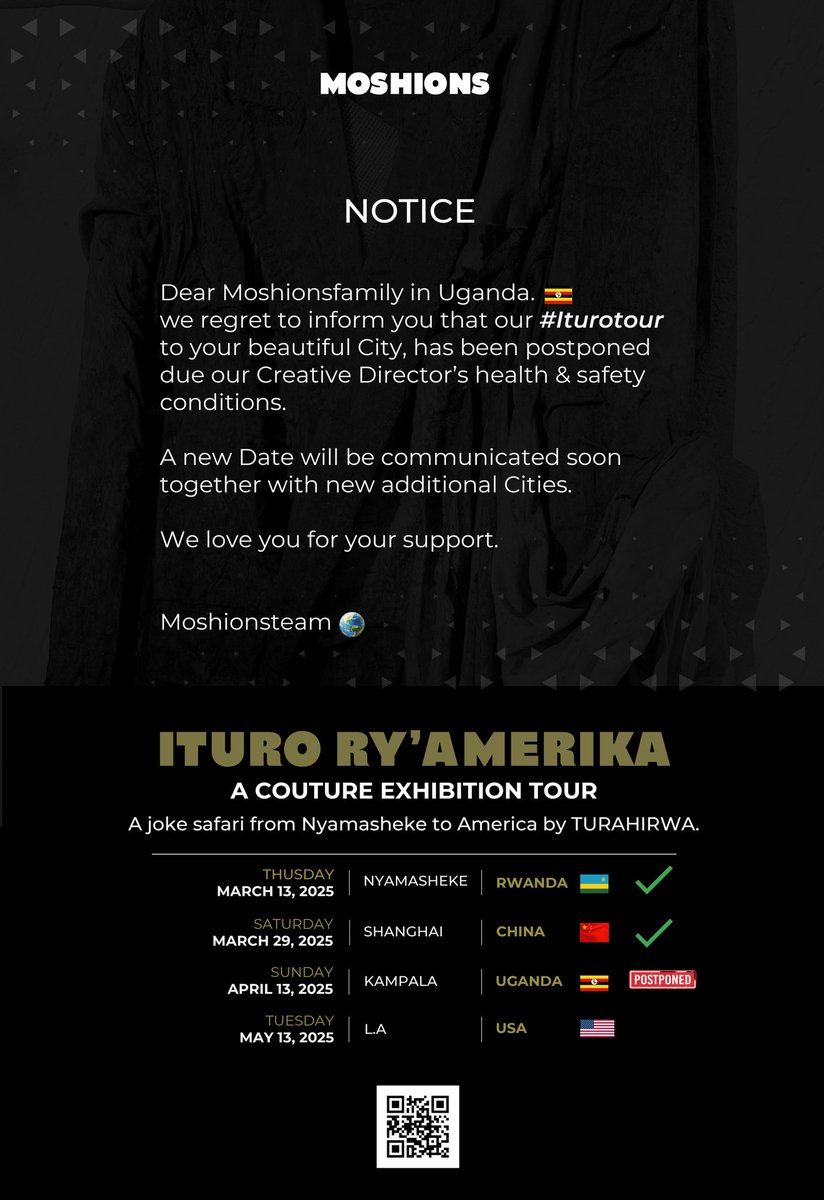 FOR IMMEDIATE RELEASE. OUR TOUR  IN KAMPALA HAS BEEN POSTPONED. 🙏🏿🇺🇬 #ITURORYAMERIKA🌍🇺🇸