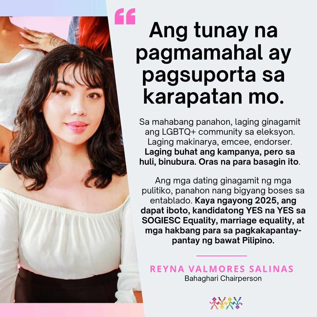 Bahaghari_PH's tweet photo. ANG TUNAY NA PAGMAMAHAL AY PAGSUPORTA SA KARAPATAN MO

Bahaghari chairperson @ReynaValmores calls for marriage equality and pro-LGBTQ+ laws to be an electoral priority in the 2025 midterm elections. 🏳️‍🌈

#YEStoEquality
#SOGIESCEqualityNow
#MarriageEqualityNow https://t.co/xMiL7aCUVj