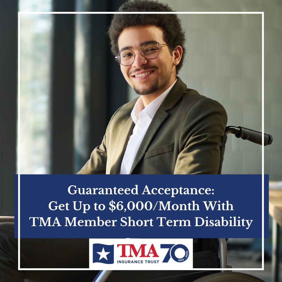 TMAIT's tweet image. hubs.ly/Q03gk1Hh0 Don’t leave your income unprotected. Get up to $6,000/month with the TMA Member Short Term Disability Insurance plan to help manage essential and living expenses while you recover. Guaranteed acceptance under age 55. #Shorttermdisability #texmed