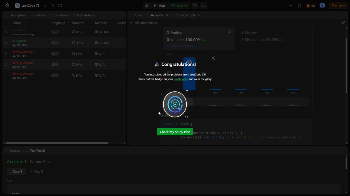devanshbhurrak's tweet photo. 🎯 LeetCode 75: Challenge Completed! 💪
After consistent grinding, learning, and debugging, I'm excited to share that I’ve completed the LeetCode 75 curated list! 🚀
#LeetCode75 #DSA #CodingJourney #TechPrep #leetcode #100DaysOfCode #ProblemSolving #codingchallenge https://t.co/TUa6G53ahl