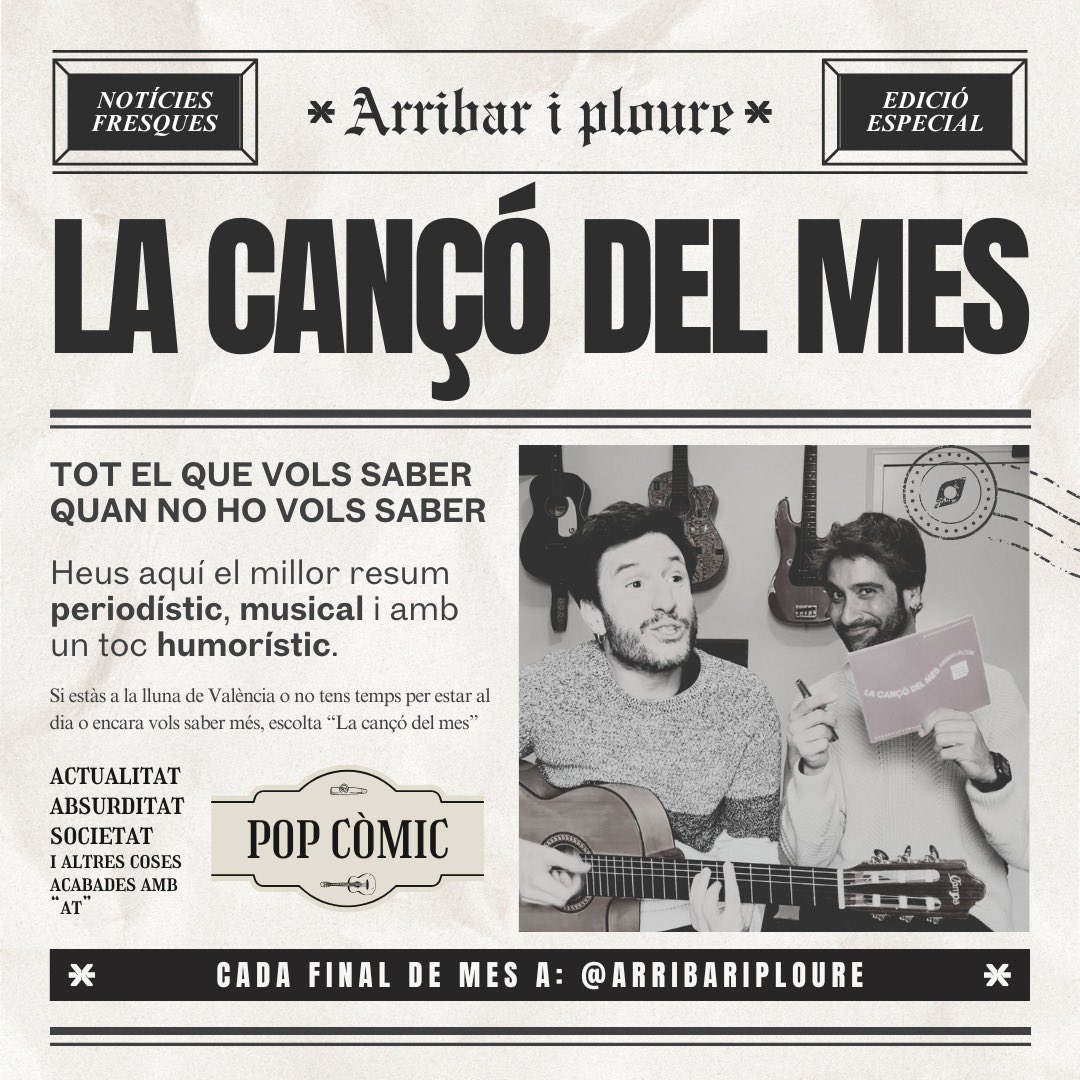 LA CANÇÓ DEL MES, el teu noticiari de confiança.🗞️🫶🏼

Actualitat, tradició i absurditat per estar al dia en poc més de dos minuts.

📌Cada final de mes a les xarxes d’<a href="/arribariploure/">Arribar i ploure</a> i a la ràdio, al <a href="/versiorac1/">VERSIÓ ESTIU</a> 

ℹ️Tot el que vols saber quan no ho vols