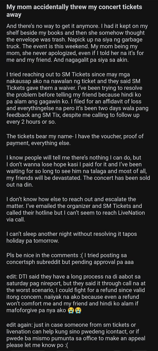everyone_louuu's tweet photo. ‼️‼️ Hello! A fellow army (@sunsbabe) lost their tickets. They're calling out to @livenationph @smtickets  to no avail. Please help RT ‼️‼️ https://t.co/fK469MzArS