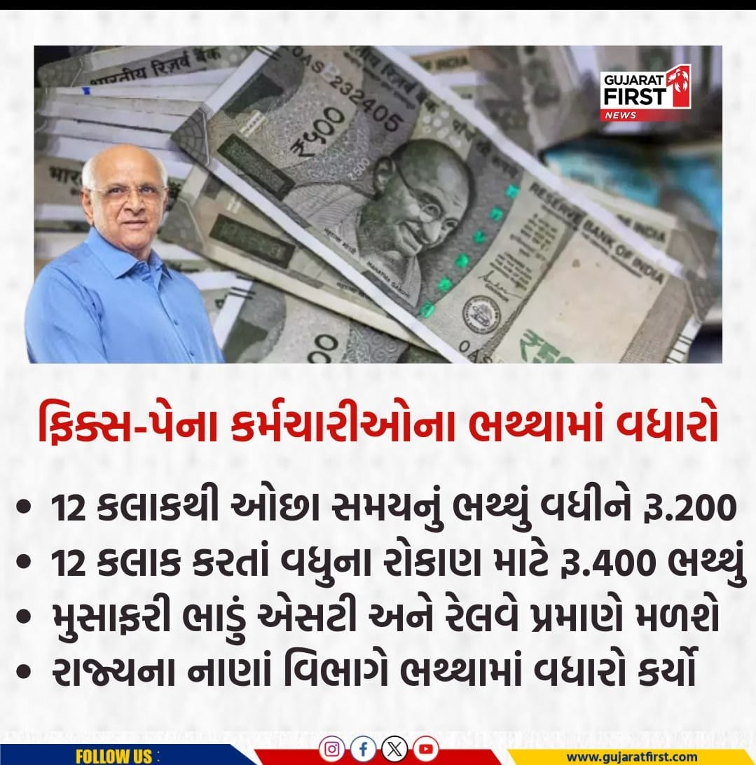 ભુપેન્દ્રભાઈ ની સાચી સરકાર હોય તો ફિક્સ પે ના કર્મચારી ને ફુલ પગાર કરી ને ખુશ કરો બાકી આવા નજીવા ભથા વધારી ને ફોસલાવા નું બંદ કરો!!

#REMOVE_FIX_PAY_IN_GUJARAT

<a href="/YAJadeja/">Yuvrajsinh Jadeja</a> 
<a href="/abpasmitatv/">ABP Asmita</a> 
<a href="/tv9gujarati/">Tv9 Gujarati</a> 
<a href="/hardev_vala/">Hardev Vala</a> 
<a href="/hdraval93/">Hiren</a> 
<a href="/Janak_Sutariyaa/">Janak sutariya</a> 
<a href="/Zee24Kalak/">Zee 24 Kalak</a> 
<a href="/nidhirpatel6/">Nidhi patel</a> 
<a href="/CMOGuj/">CMO Gujarat</a>