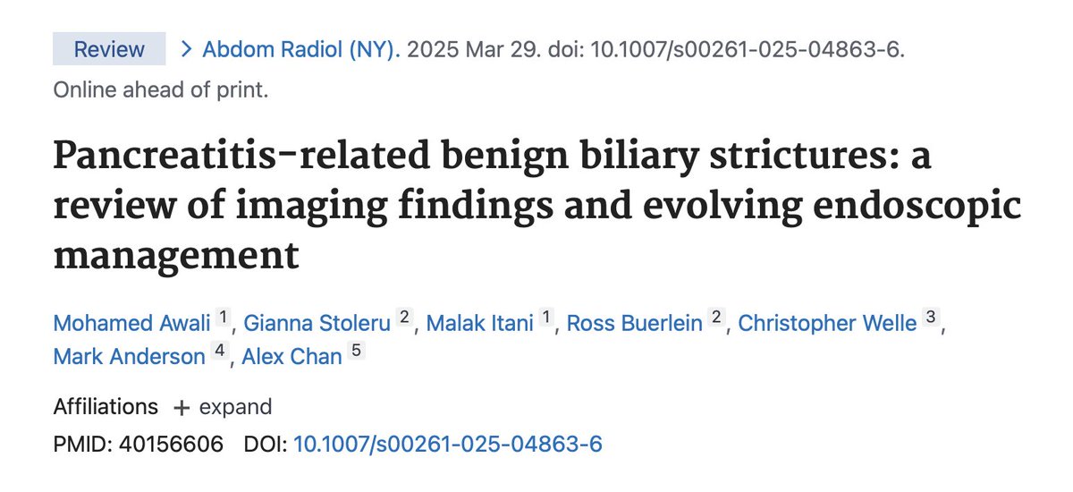 Malak Itani (@itanimalak) on Twitter photo Another paper published last week - strong work by our multi institutional team lead by Dr. Chan and our exceptional fellow Dr. <a href="/Mo_Awaly/">Mohamed Awali</a>
Special thanks to Dr. Lalwani, Fulcher, Khot, and Nair for developing and leading <a href="/SARBiliaryDFP/">SAR DFP Benign Biliary Pathology</a>
pubmed.ncbi.nlm.nih.gov/40156606/ Another paper published last week - strong work by our multi institutional team lead by Dr. Chan and our exceptional fellow Dr. <a href="/Mo_Awaly/">Mohamed Awali</a>
Special thanks to Dr. Lalwani, Fulcher, Khot, and Nair for developing and leading <a href="/SARBiliaryDFP/">SAR DFP Benign Biliary Pathology</a>
pubmed.ncbi.nlm.nih.gov/40156606/