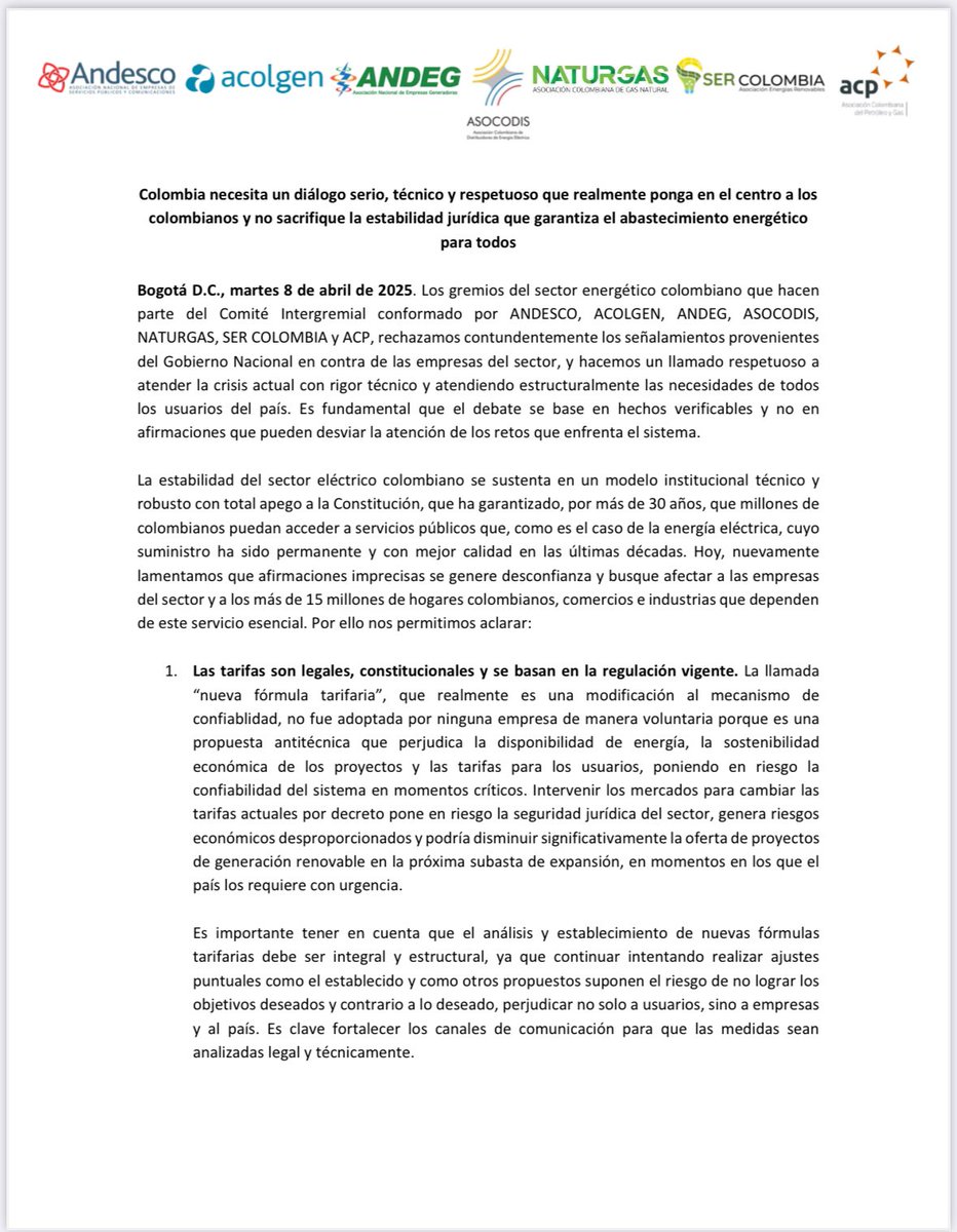 Acolgen's tweet photo. 🚨COMUNICADO 🚨

Los gremios del sector energético colombiano que hacen
parte del Comité Intergremial conformado por @Andesco1 , Acolgen, @Andeg_Col , @asocodis @NaturgasCol , @SERCOLOMBIA_ y @ACP_Colombia rechazamos contundentemente los señalamientos provenientes del Gobierno Nacional en contra de las empresas del sector, y hacemos un llamado respetuoso a
atender la crisis actual con rigor técnico y atendiendo estructuralmente las necesidades de todos los usuarios del país. Es fundamental que el debate se base en hechos verificables y no en
afirmaciones que pueden desviar la atención de los retos que enfrenta el sistema.