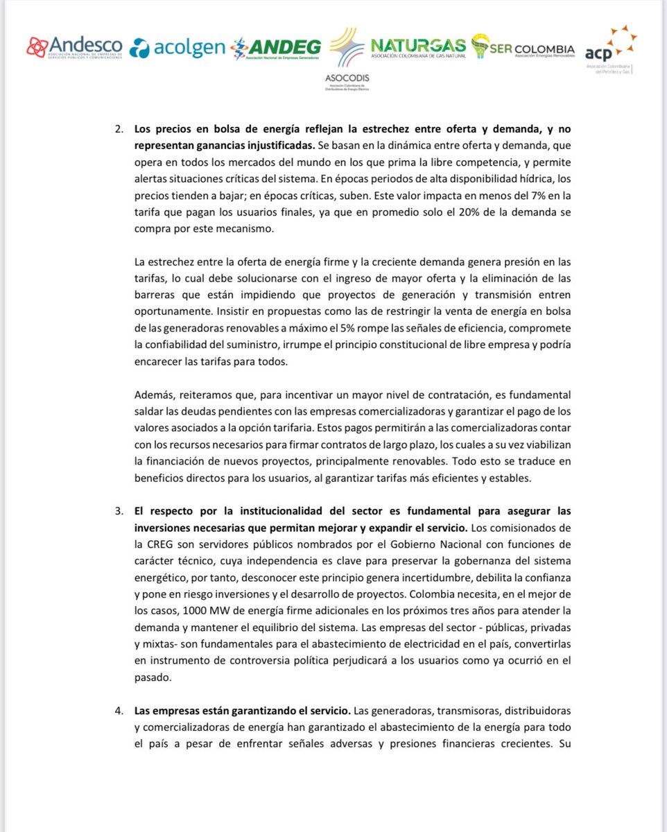 Acolgen's tweet photo. 🚨COMUNICADO 🚨

Los gremios del sector energético colombiano que hacen
parte del Comité Intergremial conformado por @Andesco1 , Acolgen, @Andeg_Col , @asocodis @NaturgasCol , @SERCOLOMBIA_ y @ACP_Colombia rechazamos contundentemente los señalamientos provenientes del Gobierno Nacional en contra de las empresas del sector, y hacemos un llamado respetuoso a
atender la crisis actual con rigor técnico y atendiendo estructuralmente las necesidades de todos los usuarios del país. Es fundamental que el debate se base en hechos verificables y no en
afirmaciones que pueden desviar la atención de los retos que enfrenta el sistema.