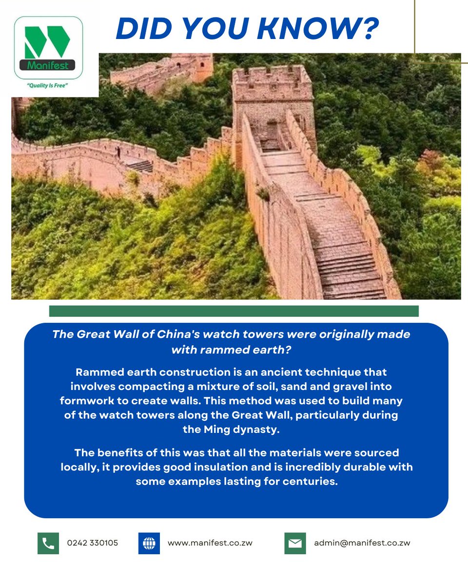 ManifestCS_25's tweet photo. Did you know this about rammed earth construction?

Contact us today! 
☎️ 0242 330105 
📧admin@manifest.co.zw 
🌐https://t.co/J3JngG6TdR 

#construction #building #Civils #contractor #engineering #renovation #redecoration #constructionworks  #didyouknowfacts https://t.co/PxH7fqSBS9