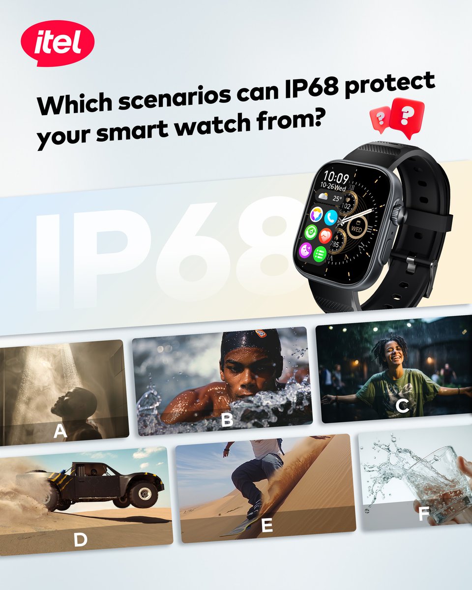 itelghana's tweet photo. Which of these can Smart Watch Storm Ultra handle with IP68 rating? 📷
Sandboarding in the desert, swimming in the pool, or splashes in daily life? 📷📷
Drop your answers in the comments! 📷

#itelsmartlife #itelsmartwatch #itelStormUltra #itelO23 #toughbeyond https://t.co/euyshMO4x4