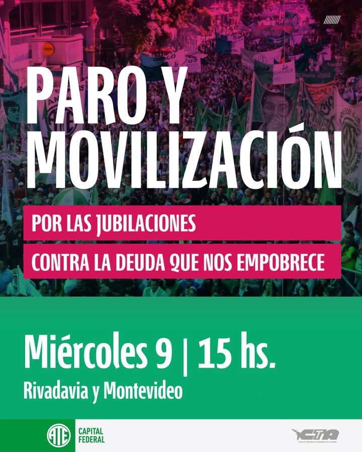 ATEHabitat's tweet photo. PARO Y MOVILIZACIÓN
Por la Justicia Social 🇦🇷

Este miércoles volvemos a las calles para pelear codo a codo contra este Gobierno que quiere tomar más y más deuda, mientras condena a quienes trabajaron toda su vida a jubilaciones de miseria. https://t.co/iRPBcqBVXQ