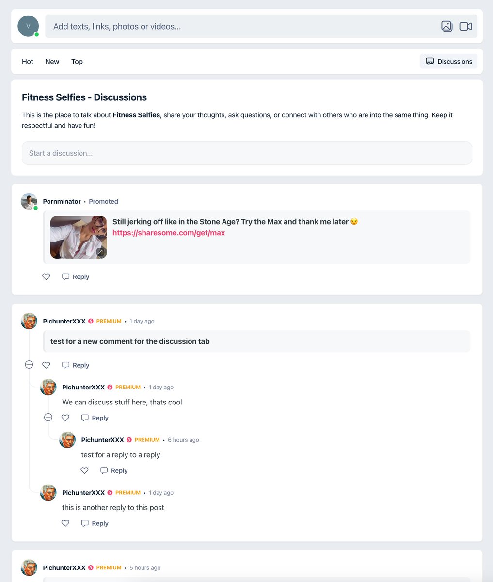 🔥 Big news: We just added a discussion section to every topic on Sharesome—and it's about to get hot. Whether you're into something soft, wild, or wonderfully specific, now you can do more than scroll—you can talk, ask, flirt, learn, and connect with people who are into the same