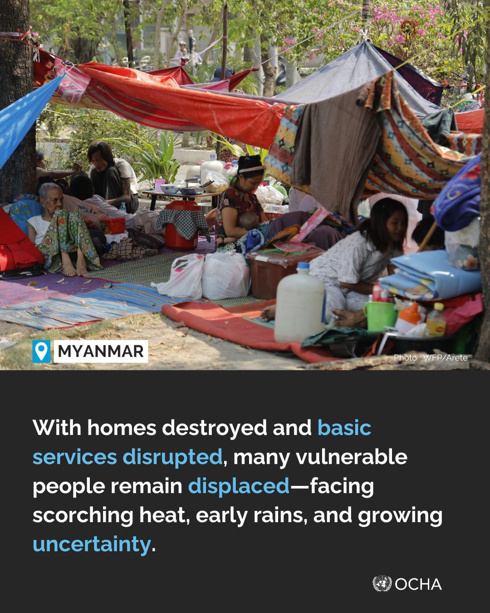 ochamyanmar's tweet photo. Many people across #Myanmar still face dire conditions after the #earthquakes—damaged homes, power &amp; water cuts, unsafe shelter. While response efforts are ongoing, rains are underway, putting those sheltering in the open increasingly at risk.
📄 Update: https://t.co/wTXM42zzNf https://t.co/4xm3VYyQWd