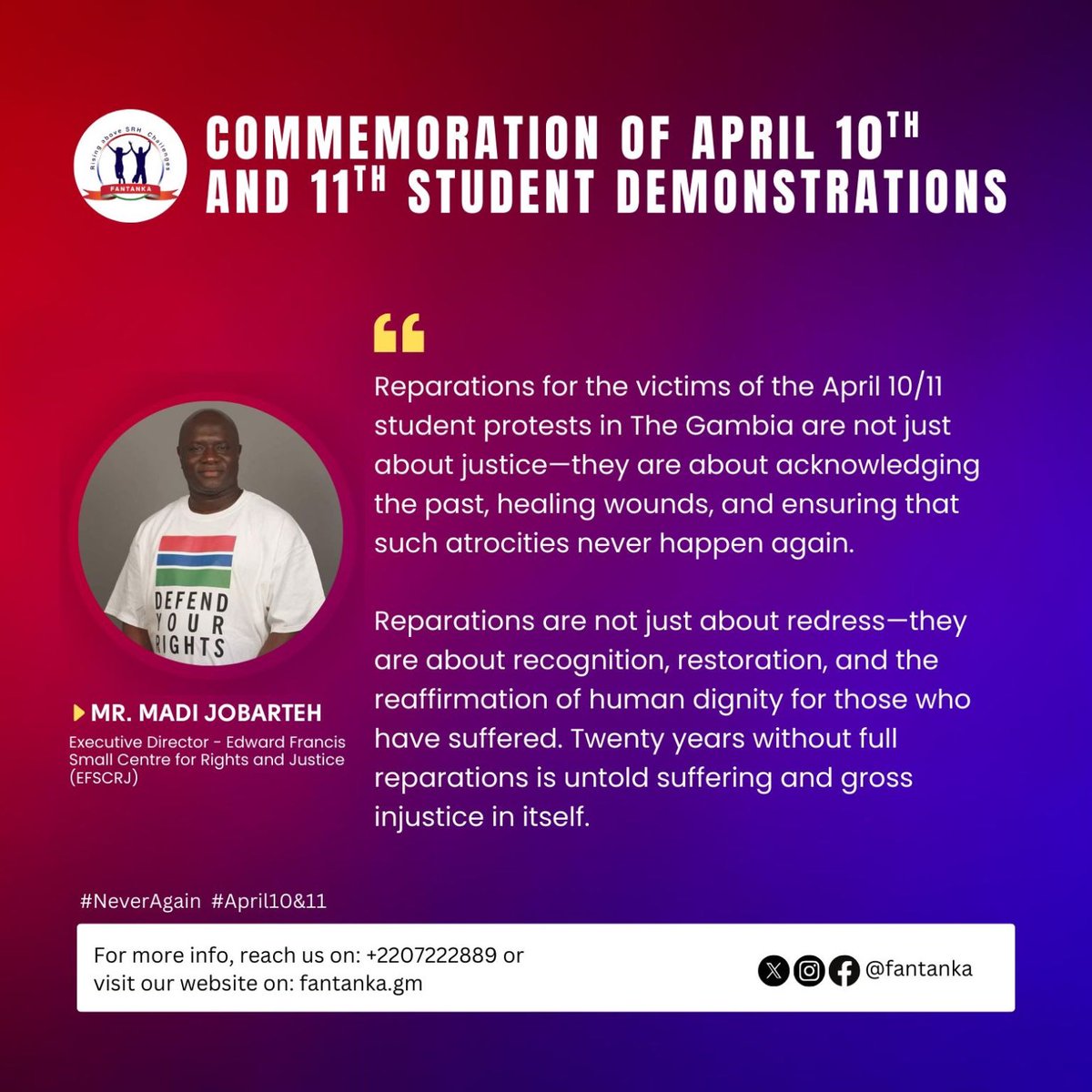 EFSCRJ's tweet photo. Twenty five years ago, 14 Gambian students and a Red Cross volunteer and a baby were gunned to death by security forces as students demonstrated to demand justice for the rape of a school girl and the beating to death of a schoolboy, both at the hands of security officers. https://t.co/jWyE8KsD4B