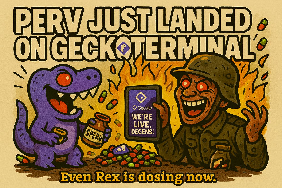PervitinSol's tweet photo. $PERV JUST LANDED ON @GeckoTerminal  and the lab is officially LIVE 🔥

Even Rex is dosing now—and he doesn’t even have opposable thumbs.

Chart us. Track us. Fear us.

Shoutout @coingecko for letting the cult cook 💊

#PERVitin #Solana #CryptoAddicts https://t.co/dHZInfxgnU