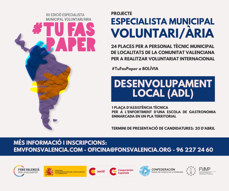 🌎Si eres personal professional en desenvolupament local (ADL) d’una entitat local, #TuFasPaper a Bolívia

🤝Presenta la teua candidatura per a cooperar, durant 1 mes, en l’enfortiment d’una escola de gastronomia emmarcada en un pla territorial
