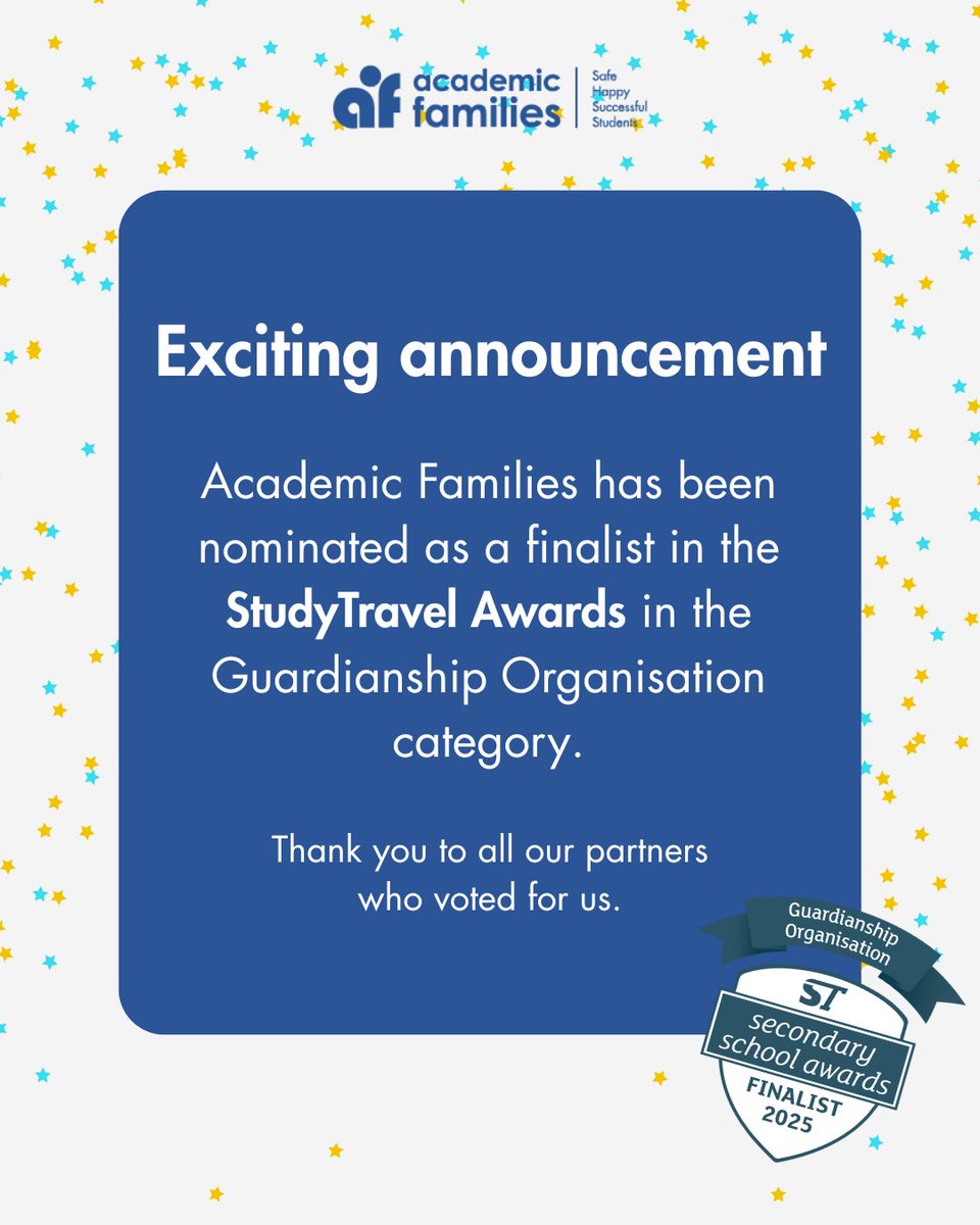 AcFamsUK's tweet photo. We’re delighted to share that Academic Families has once again been named a finalist in the Guardianship Organisation category at the @studytravelltd Secondary School Awards.

A big thank you to our valued partners who nominated us.

#StudyTravelAwards https://t.co/1nEq9tnjyW