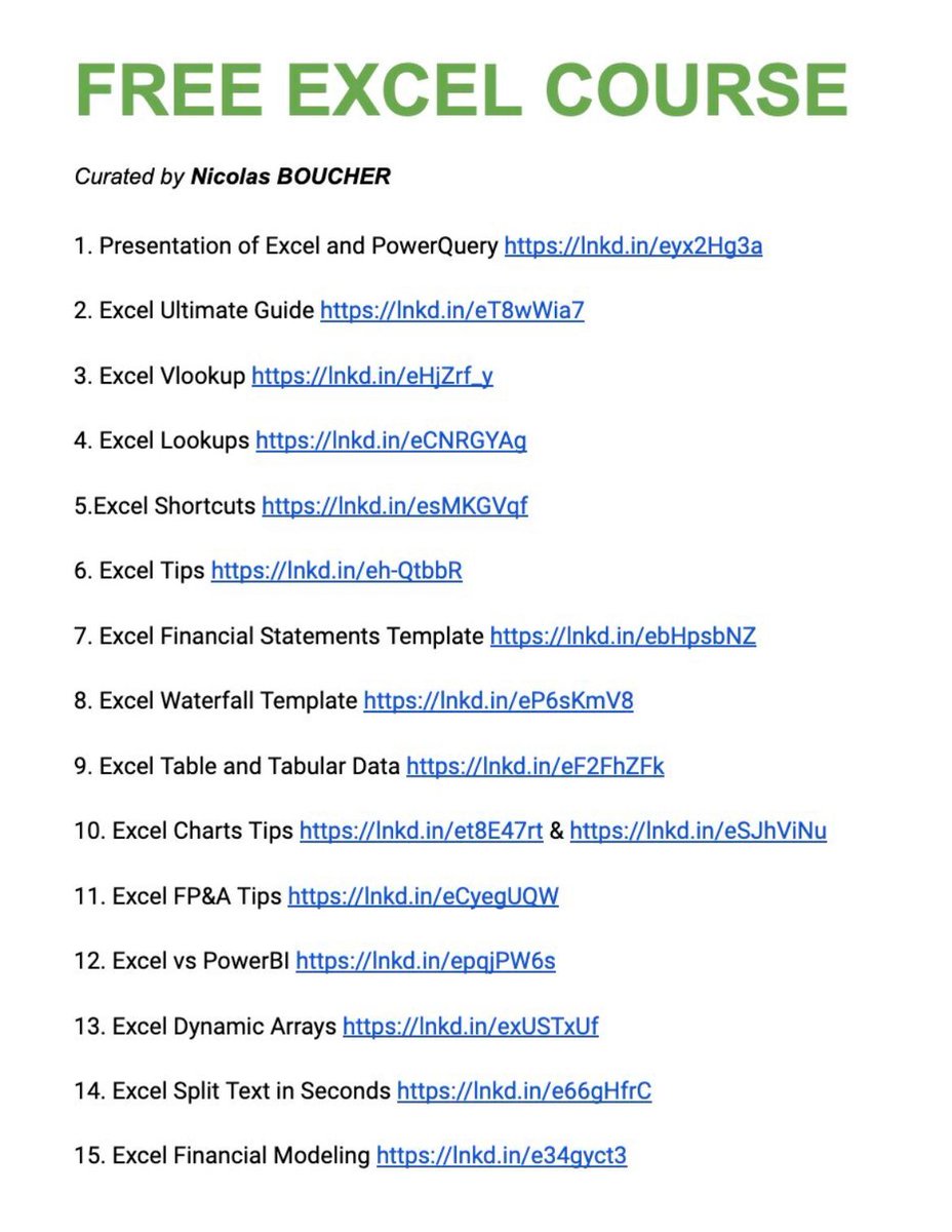 BoucherNicolas's tweet photo. Free Excel Course

Save 1000s of dollars.

Bookmark this & follow the curriculum below.

Do you want to master Excel?
I have curated a free Excel course for you.

Save each of these free lessons and become better than 95% of people.

1. Presentation of Excel & PowerQuery 
2. Excel Ultimate Guide 
3. Excel Vlookup
4. Excel Lookups
5. Excel Shortcuts
6. Excel Tips
7. Excel Financial Statements Template 
8. Excel Waterfall Template 
9. Excel Table and Tabular Data 
10. Excel Charts Tips
11. Excel FP&A Tips 
12. Excel vs PowerBI 
13. Excel Dynamic Arrays
14. Excel Split Text in Seconds 
15. Excel Financial Modeling 

Want to get it in your inbox?

- Follow me and comment "excel course"
- Like and retweet this post