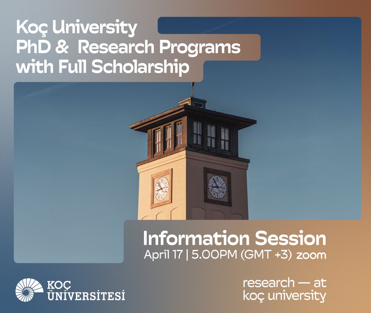 Thinking about a fully funded Master’s or PhD?

Join our Info Session on April 17 at 17:00 (GMT+3) to explore Koç University’s prestigious programs, research, and scholarships!

📍 Online (Zoom)
💬 Live Q&amp;A included!
🔗 Register now → webforms.ku.edu.tr/koc-university…