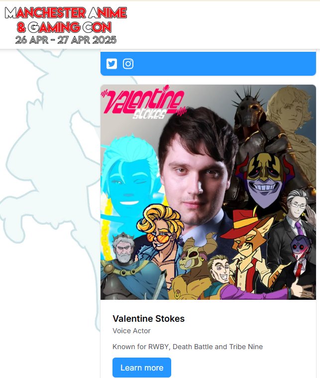 Heey I'll be in Manchester as a guest at the MANCHESTER ANIME AND GAMING CONVENTION from the 26-27th of April!

If you're in the area and interested in meeting me and a bunch of other really cool actors (I won't spoil who👀) then come on down! 

Link here:
spring.manchesteranimecon.com