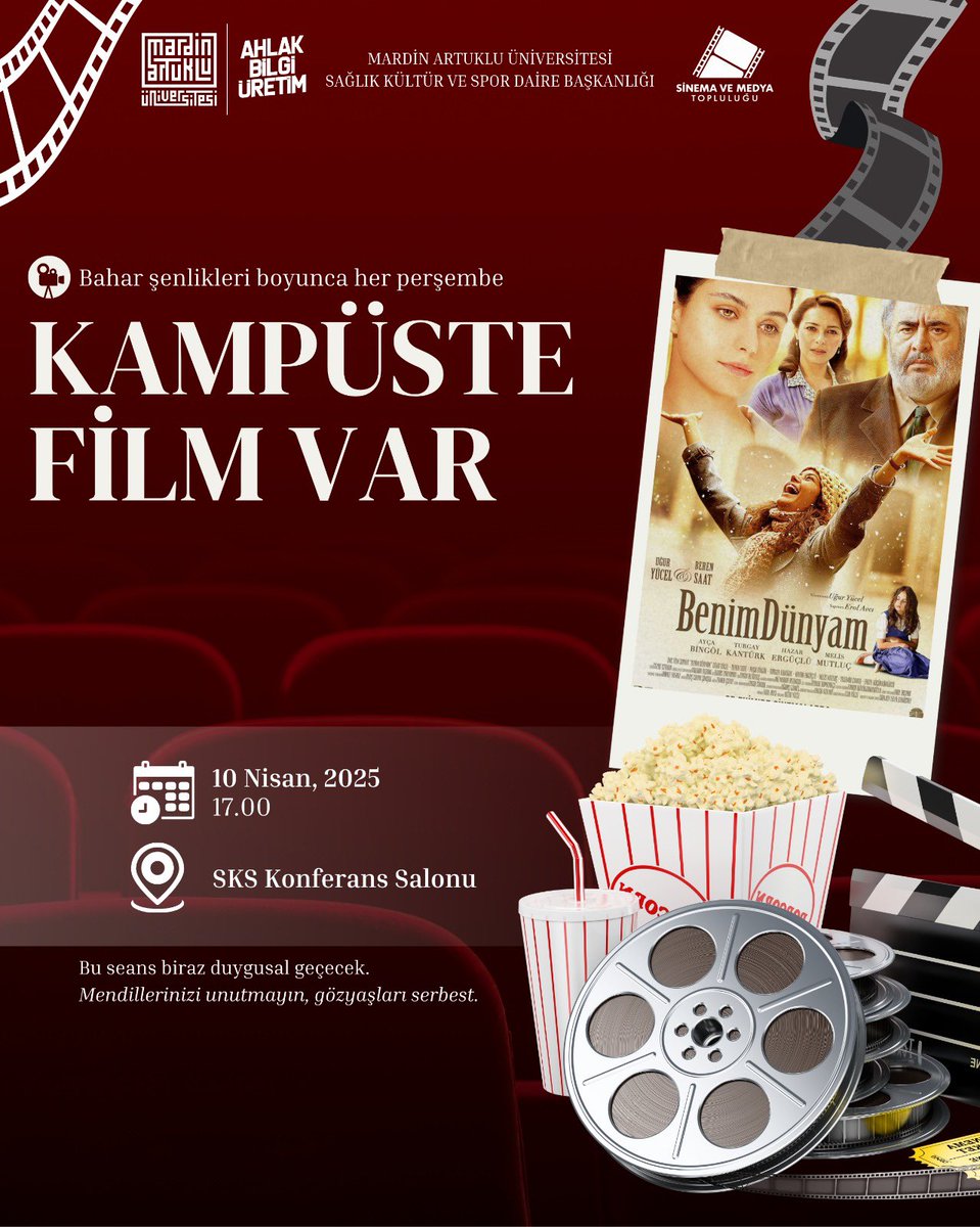 Bahar Şenlikleri boyunca her Perşembe “Kampüste Film Var” etkinliğimize davetlisiniz. Bu hafta Benim Dünyam filmiyle başlıyoruz. Mendillerinizi unutmayın!

📽️SKS Konferans Salonu 
🗓️ 10 Nisan 2025
⏰ 17.00
<a href="/ibrahimozcosar/">ibrahim özcoşar</a> <a href="/mardinartuklu/">Mardin Artuklu Üniversitesi</a> <a href="/artuklugsf/">MAÜ Güzel Sanatlar Fakültesi</a>
