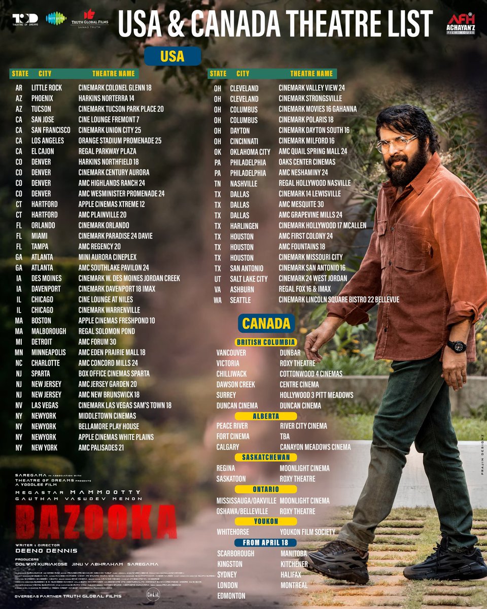 #BAZOOKA USA 🇺🇸 Canada 🇨🇦 Theatre List !!

In Cinemas Worldwide from Tomorrow 

#BazookaFromApril10 #Mammootty #GauthamVasudevMenon #DeenoDennis #Saregama #TheatreOfDreams #SamadTruth #TruthGlobalFilms #AchayanzFilmHouse