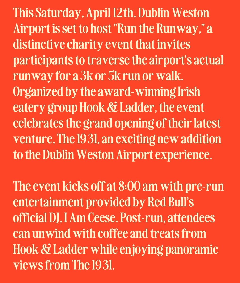 Michaelkelly707's tweet photo. This Saturday April 12th @westonairport just outside Dublin will host a #RunTheRunway charity event. It is organised by the #HookandLadder restaurant to mark the opening of their premises at the West Dublin airport https://t.co/W5nggxMFsy