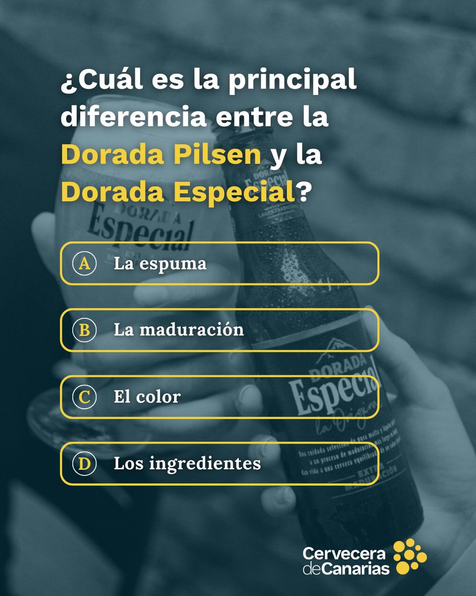 🎯 Una pregunta, cuatro opciones, cero excusas.

🍻 Demuestra que tú sí sabes. ¡Juega ya y responde como un auténtico maestro de la Dorada! 

<a href="/cervezadorada/">Cerveza Dorada</a> <a href="/dorada_especial/">Cerveza Dorada Especial</a> #CervezaDorada #Quiz #CerveceradeCanarias #LocalBrandsCCC