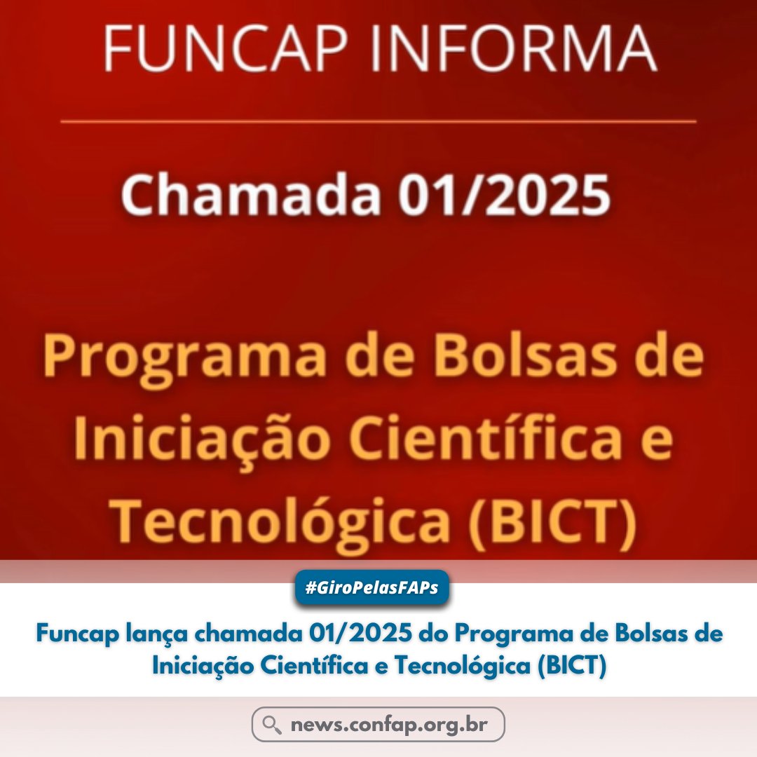 confapbr's tweet image. Funcap lança chamada 01/2025 do Programa de Bolsas de Iniciação Científica e Tecnológica (BICT).

➡️Saiba mais: news.confap.org.br/funcap-lanca-c…

#GiroPelasFAPs #FUNCAP #Ceará
