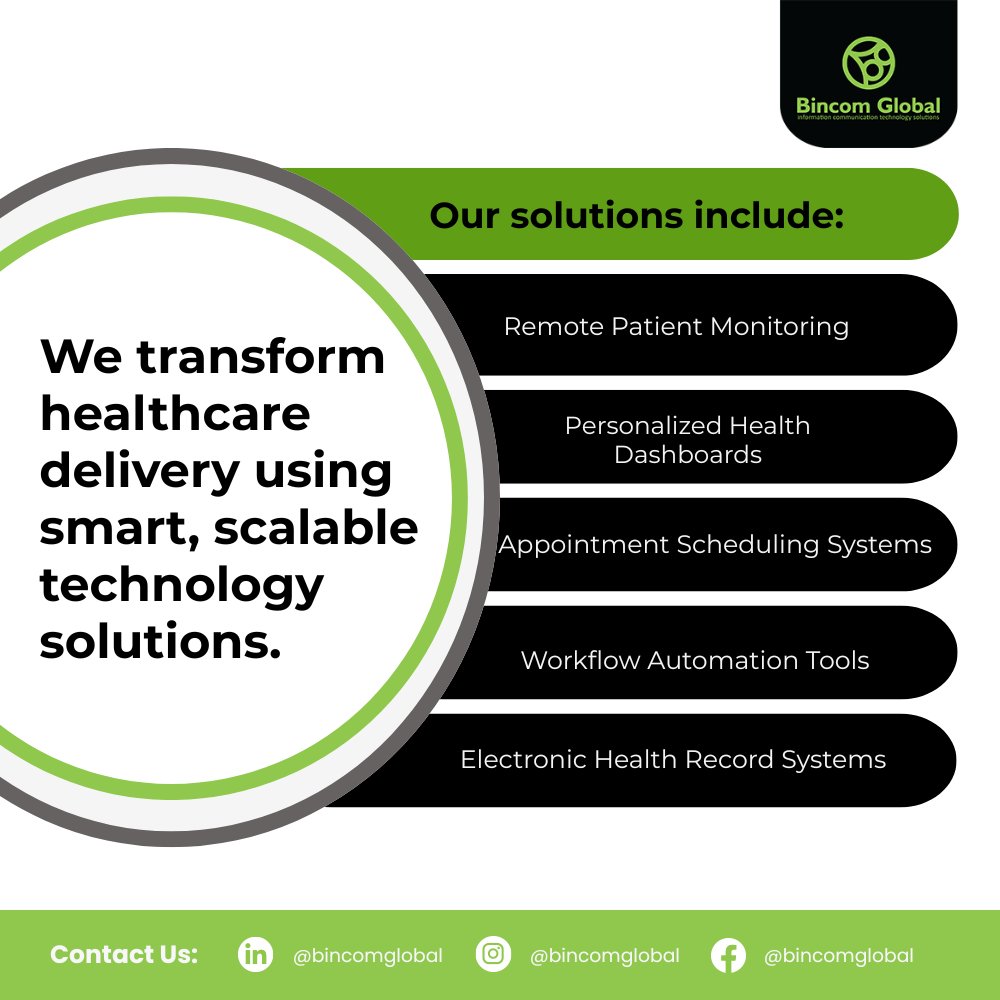bincomict's tweet image. At Bincom Global, our tech solutions from diagnostics to digital records and remote care tools, we help you deliver better care, streamline operations, and stay ahead in a fast-changing world. Let’s upgrade healthcare, together. Contact us today.
#BincomGlobal #HealthTech #Health